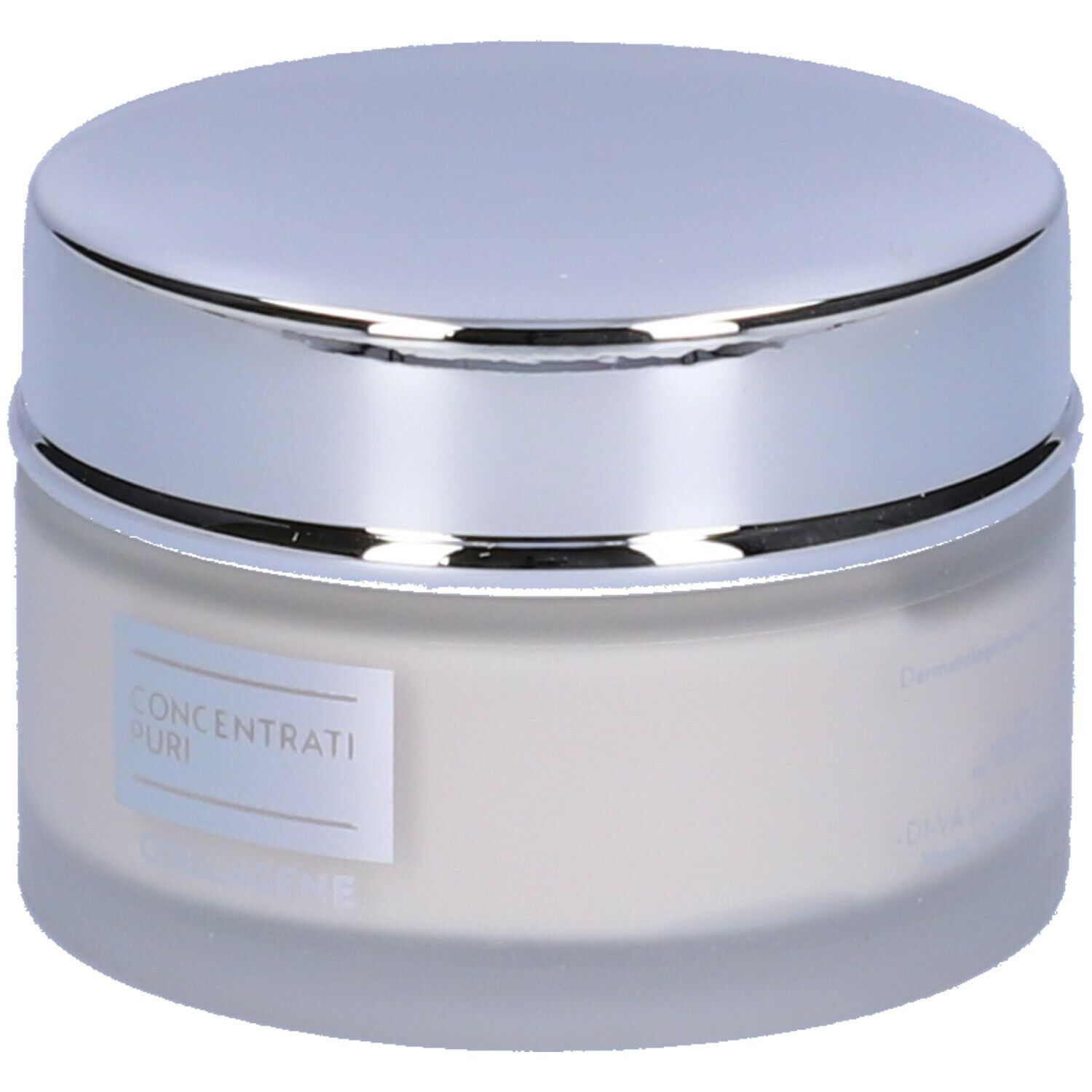 Vaso di crema con coperchio argentato. L'etichetta recita "Concentrati Puri Collagen".