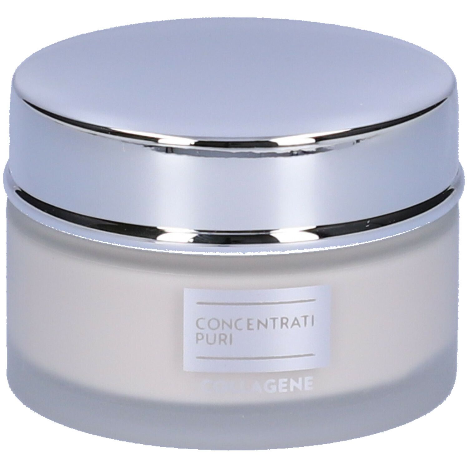 Vaso di crema con coperchio argentato. L'etichetta recita "Concentrati Puri Collagen".