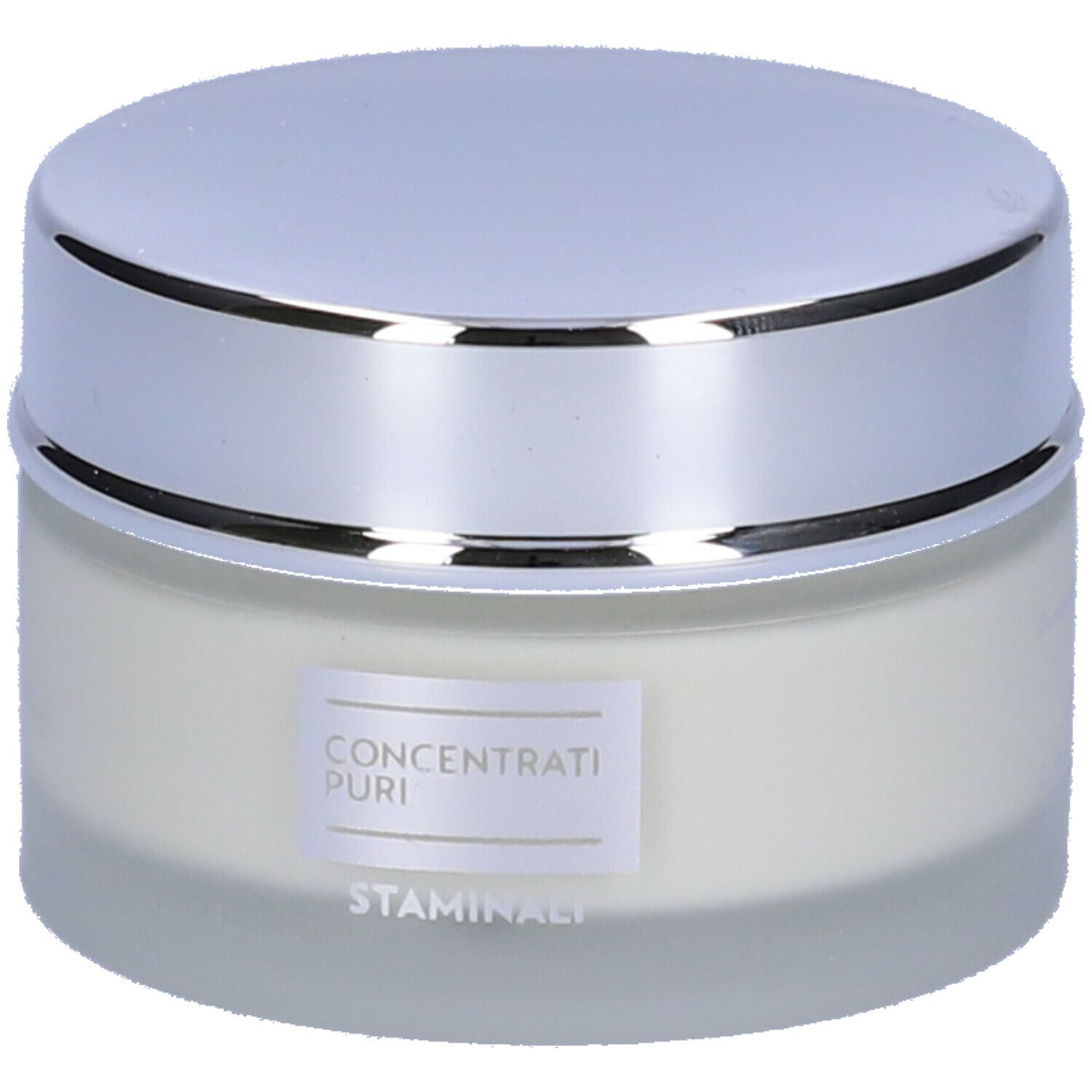 Vasetto di crema con coperchio argentato. L'etichetta riporta "Concentrati Puri Staminali".