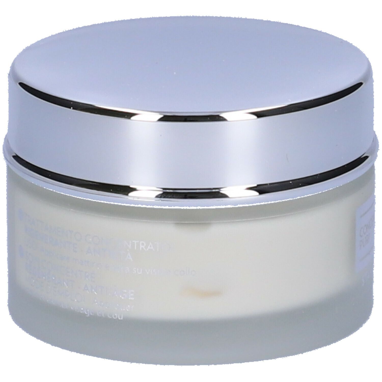 Vasetto di crema con coperchio argentato. Testo parzialmente visibile sull'etichetta.