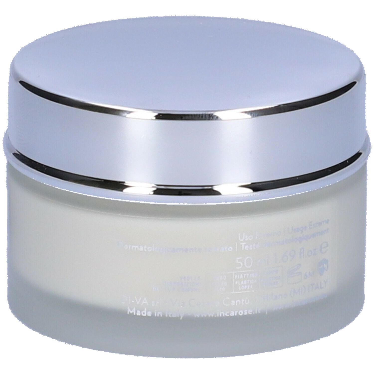 Vasetto di crema con coperchio argentato. L'etichetta indica "50 ml".