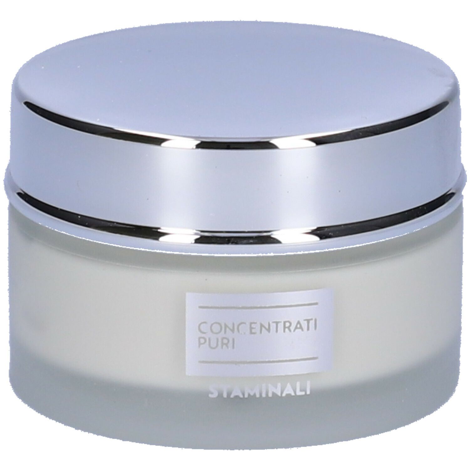 Vasetto di crema con coperchio argentato. L'etichetta riporta "Concentrati Puri Staminali".
