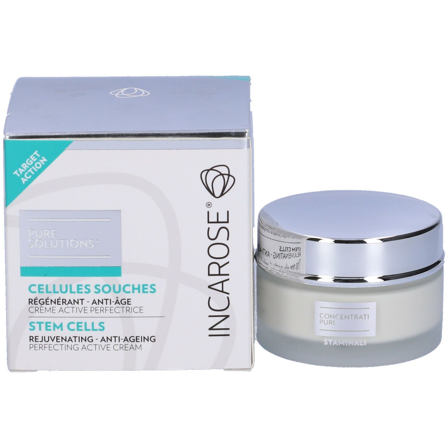 Vasetto di crema e scatola. Sulla scatola c'è scritto INCAROSE® e CELLULES SOUCHES.