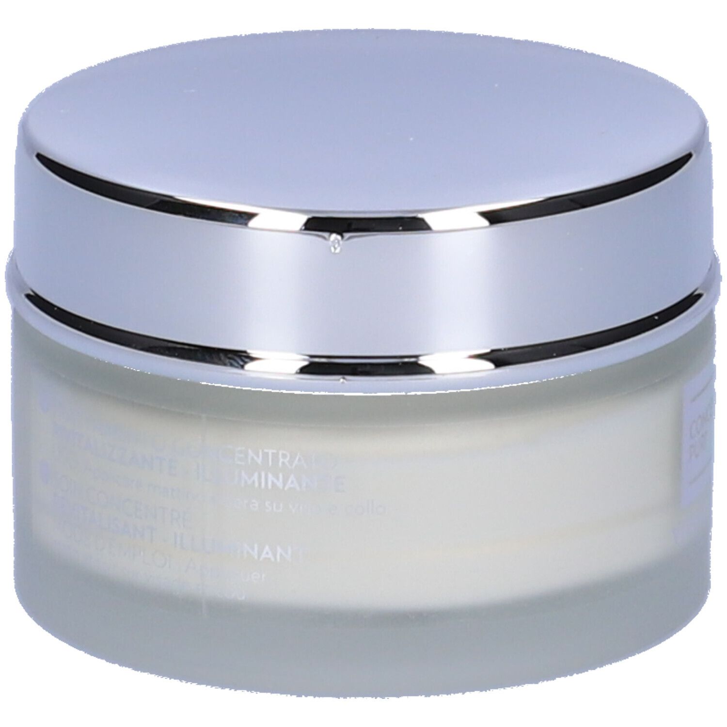 Creme-Tiegel mit silbernem Deckel. Auf dem Etikett steht: CONCENTRATI PURI, VITAMINE A+C+E+F.