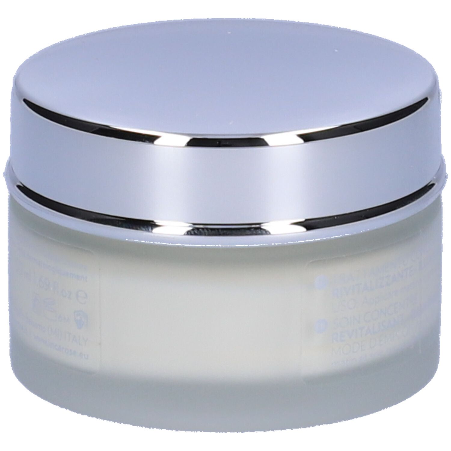 Creme-Tiegel mit silbernem Deckel. Auf dem Etikett steht: CONCENTRATI PURI, VITAMINE A+C+E+F.