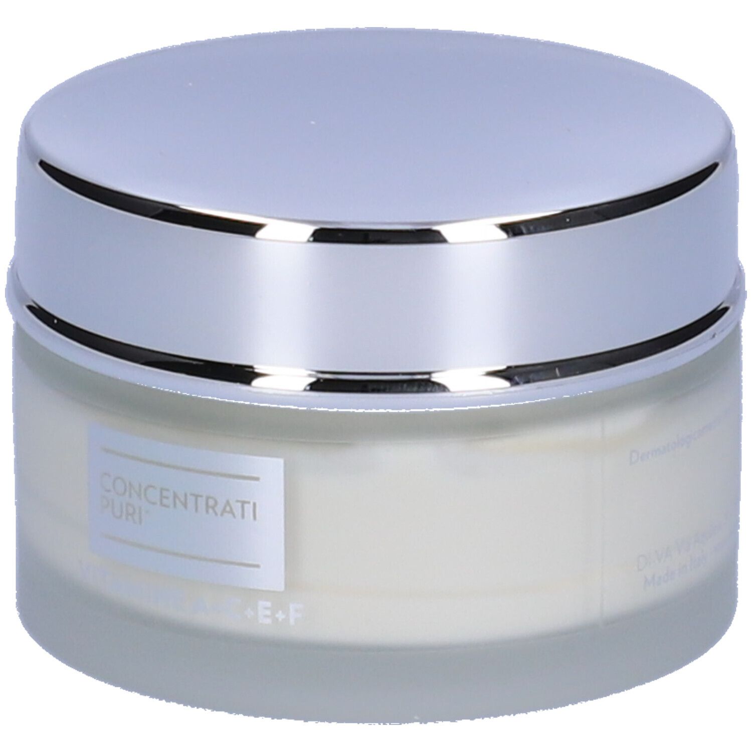 Creme-Tiegel mit silbernem Deckel. Auf dem Etikett steht: CONCENTRATI PURI, VITAMINE A+C+E+F.