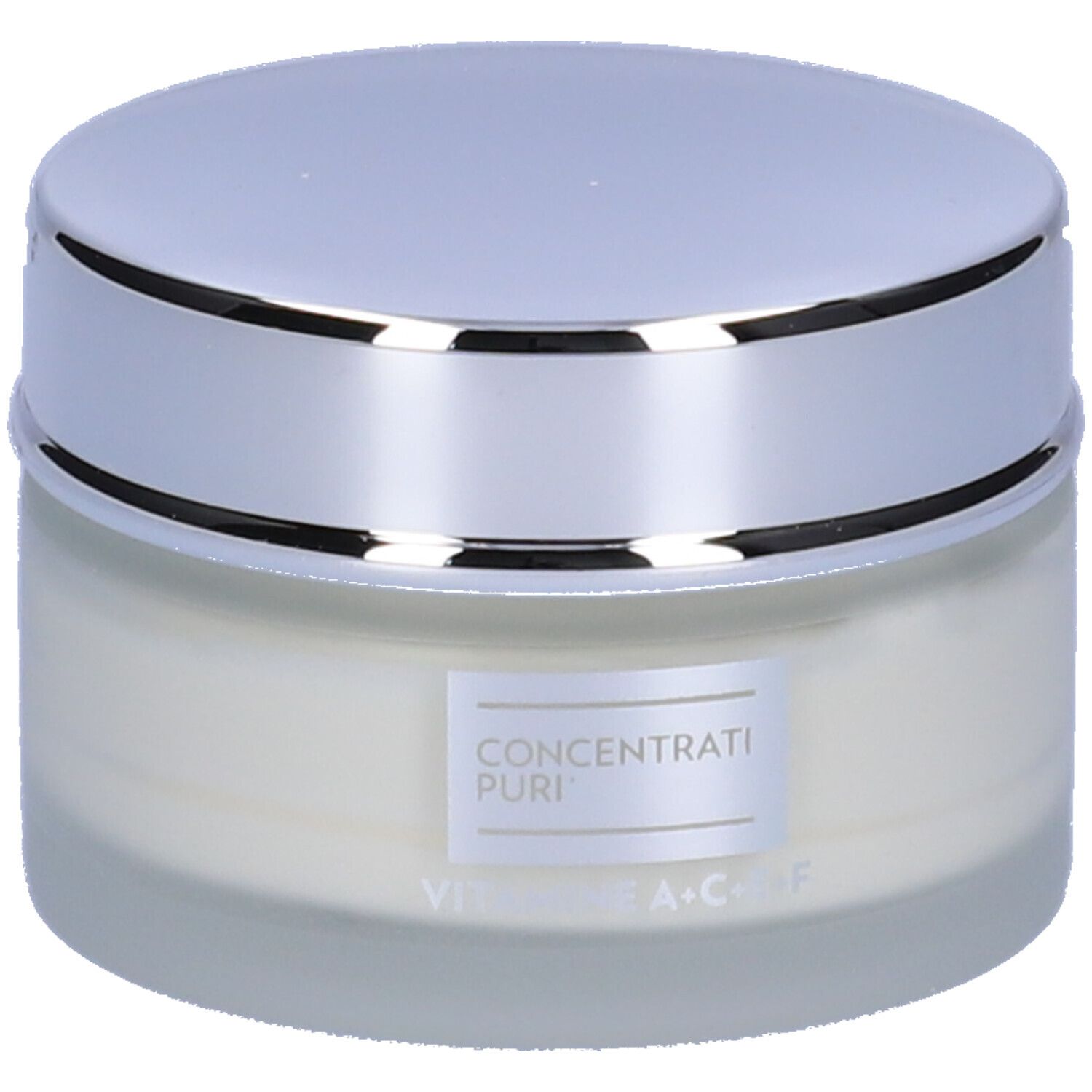 Creme-Tiegel mit silbernem Deckel. Auf dem Etikett steht: CONCENTRATI PURI, VITAMINE A+C+E+F.