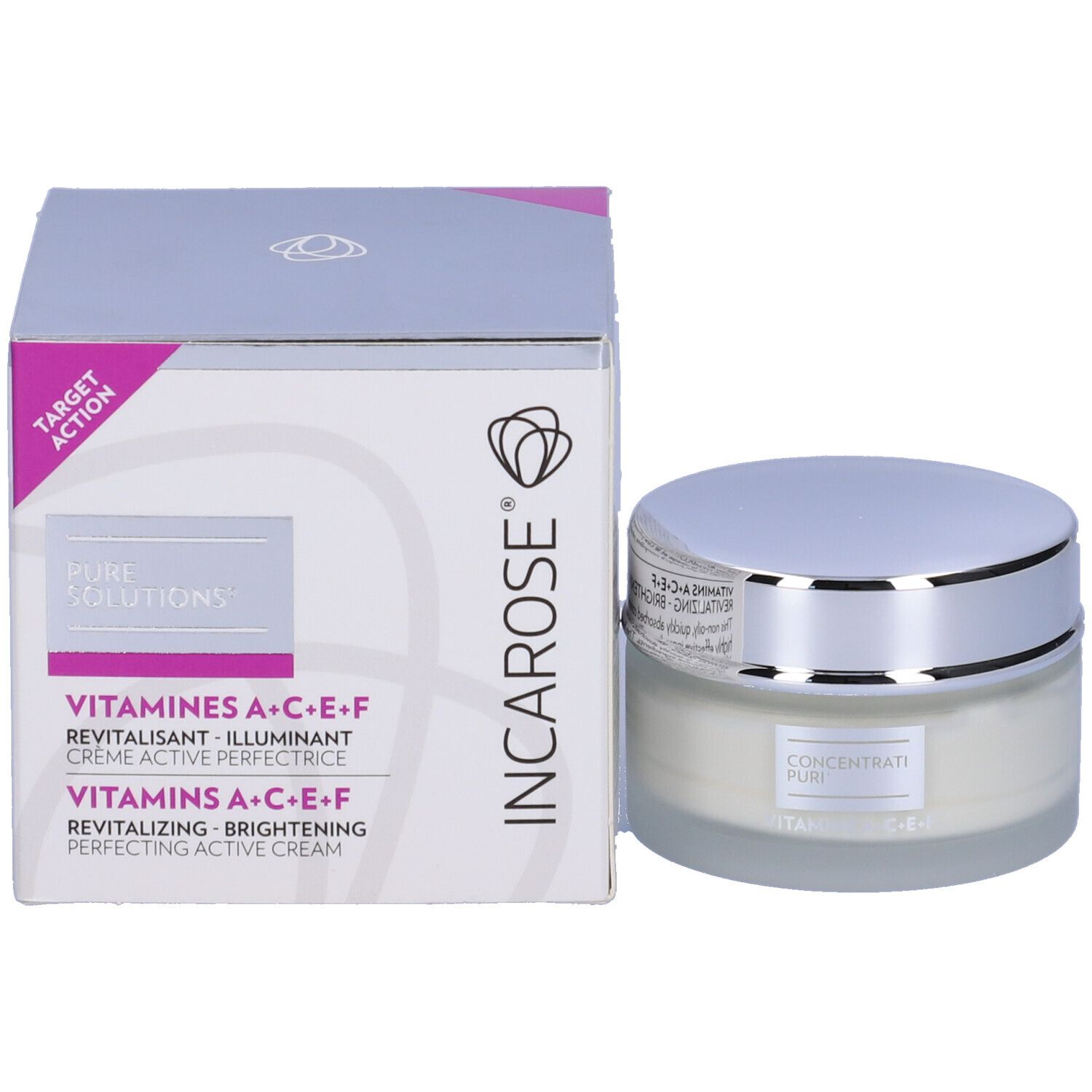 Creme-Tiegel und Verpackung. Auf der Verpackung steht: VITAMINES A+C+E+F, INCAROSE.