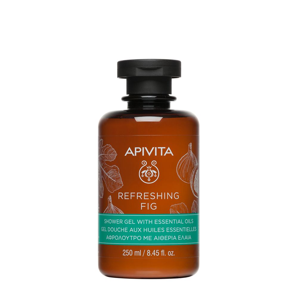 Flacone marrone con tappo nero. Scritta: APIVITA Refreshing Fig. Testo multilingue. 250 ml.