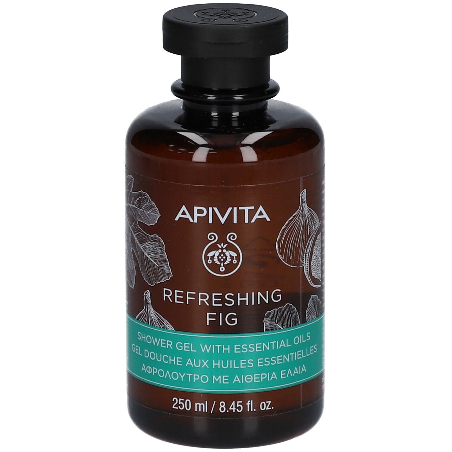 Flacone marrone con tappo nero. Scritta: APIVITA Refreshing Fig. Testo multilingue. 250 ml.