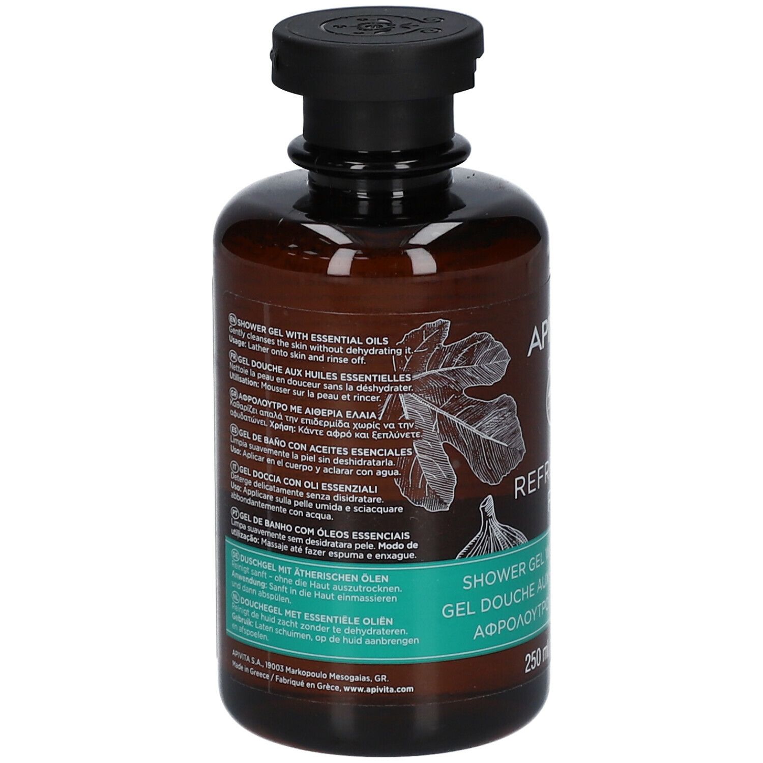 Retro del flacone marrone con tappo nero. Testo multilingue. Ingredienti e informazioni.