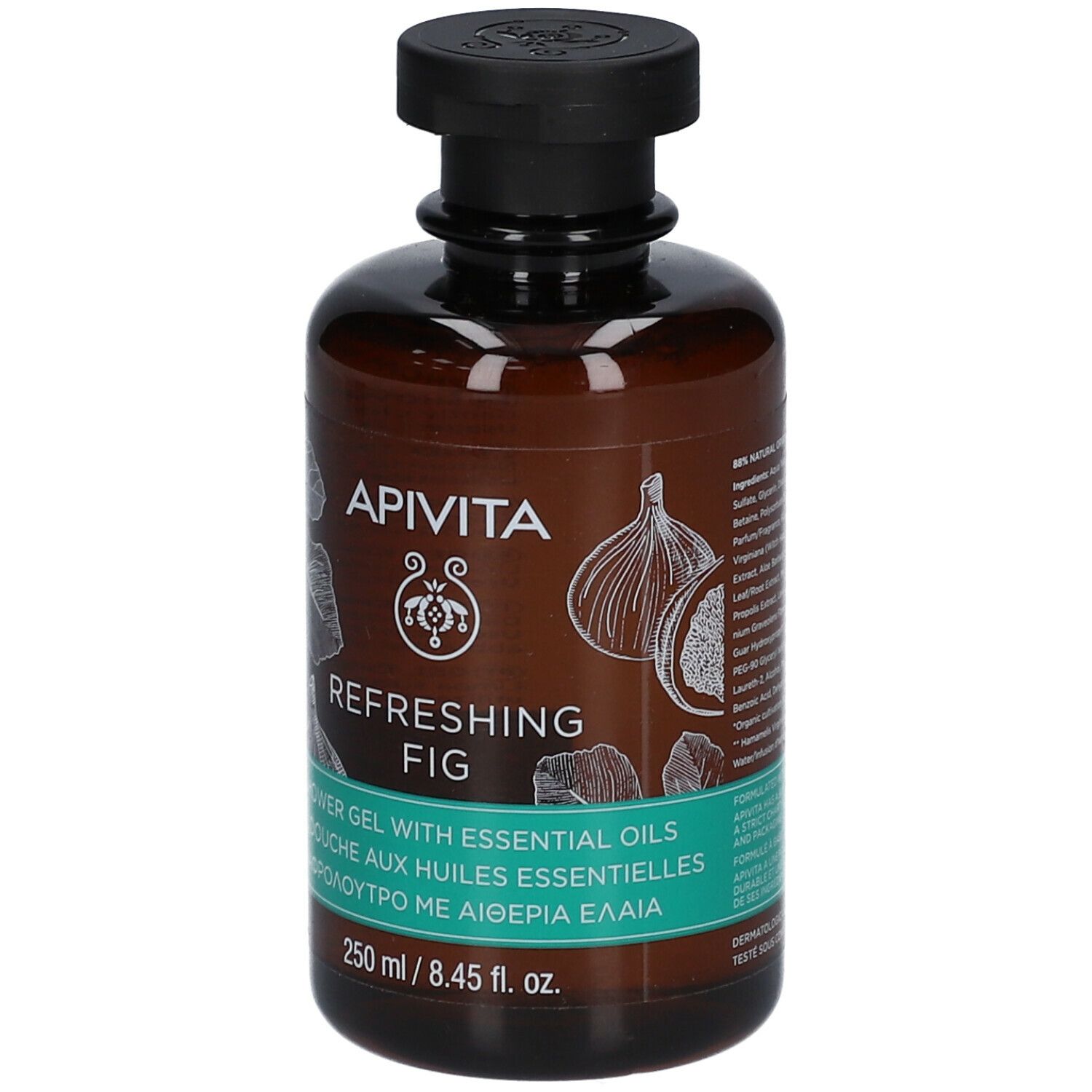 Flacone marrone con tappo nero. Scritta: APIVITA Refreshing Fig. Testo multilingue. 250 ml.