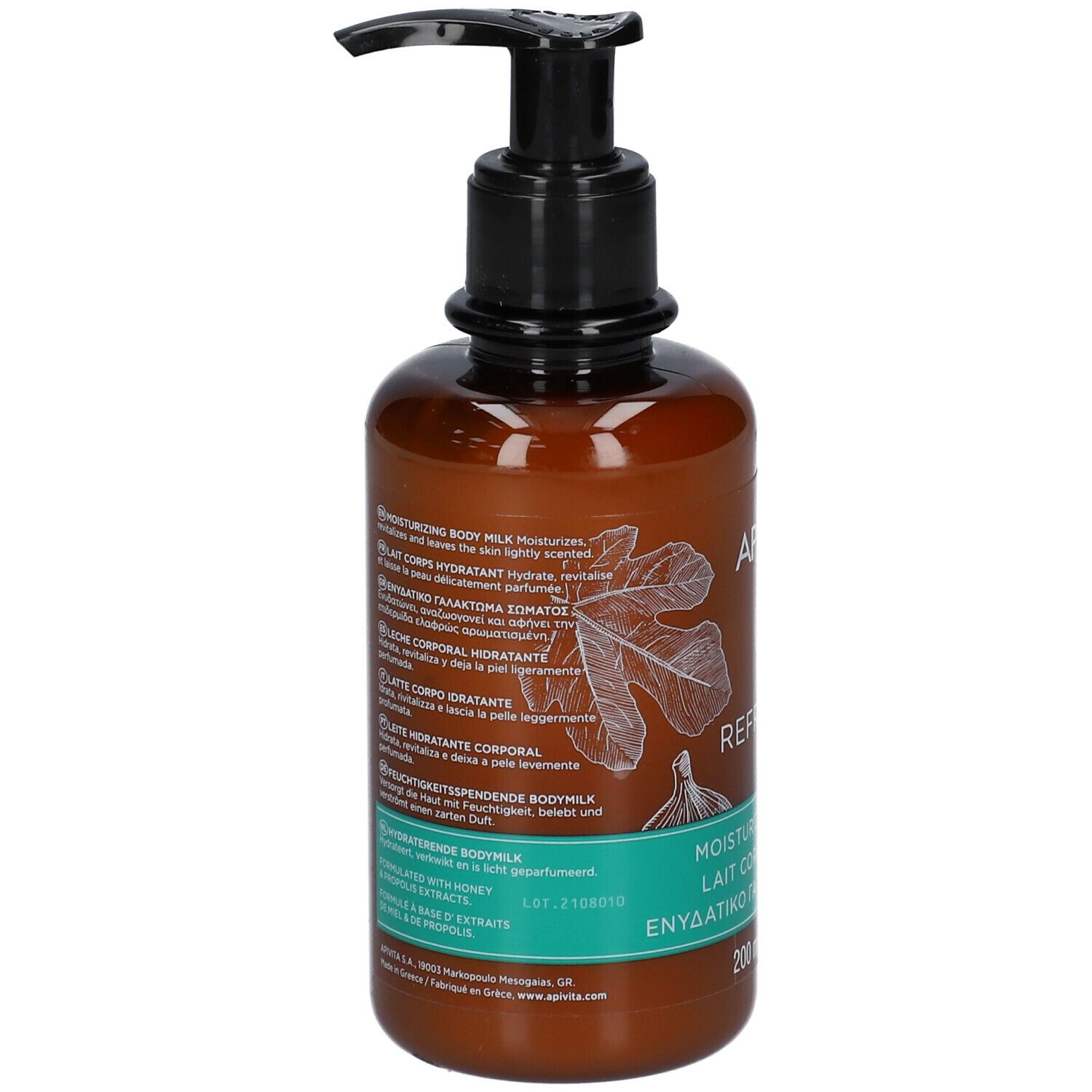Retro del flacone. Testo: APIVITA, Refreshing Fig, Moisturizing Body Milk. Ingredienti e informazioni.