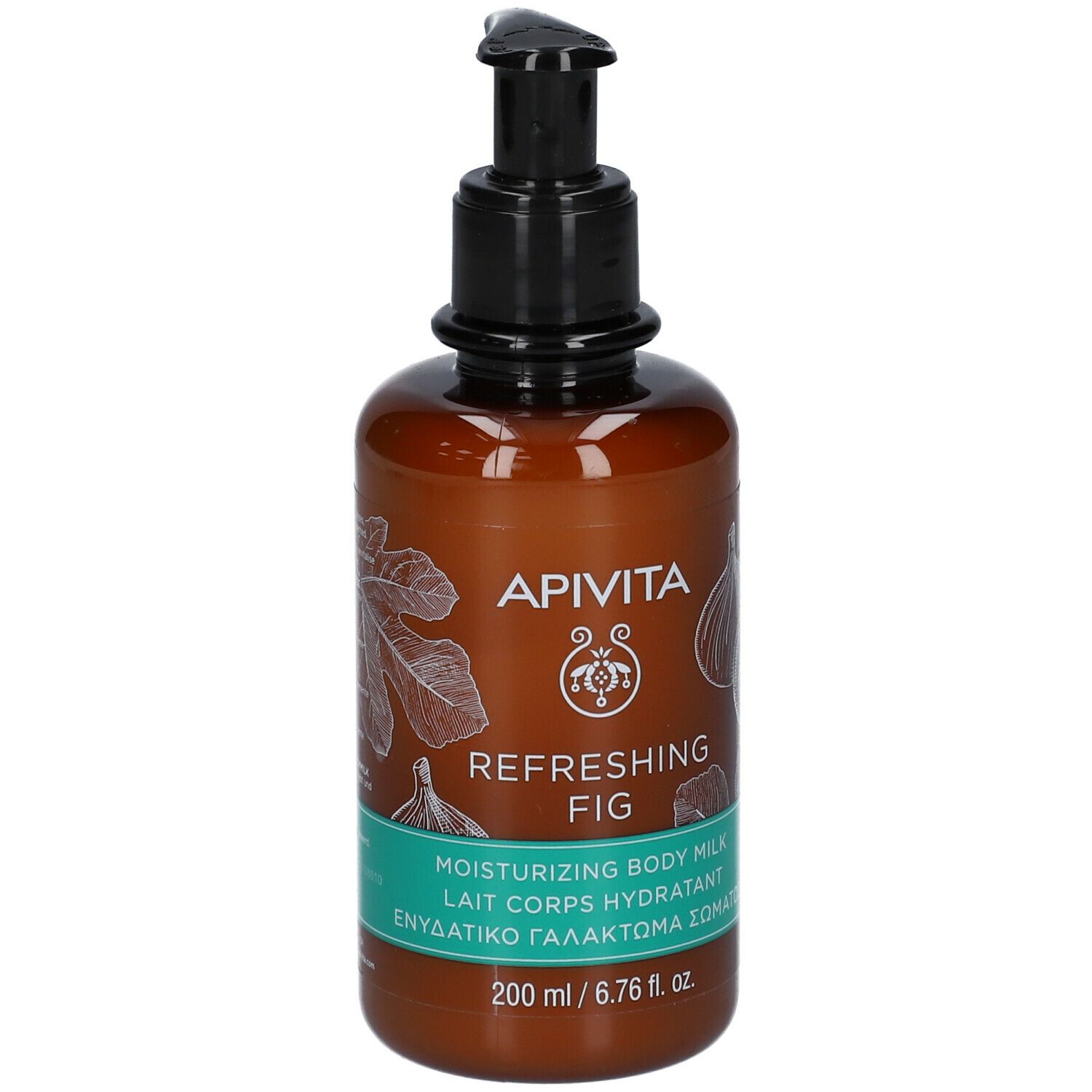 Flacone marrone con dosatore nero. Testo: APIVITA, Refreshing Fig, Moisturizing Body Milk.