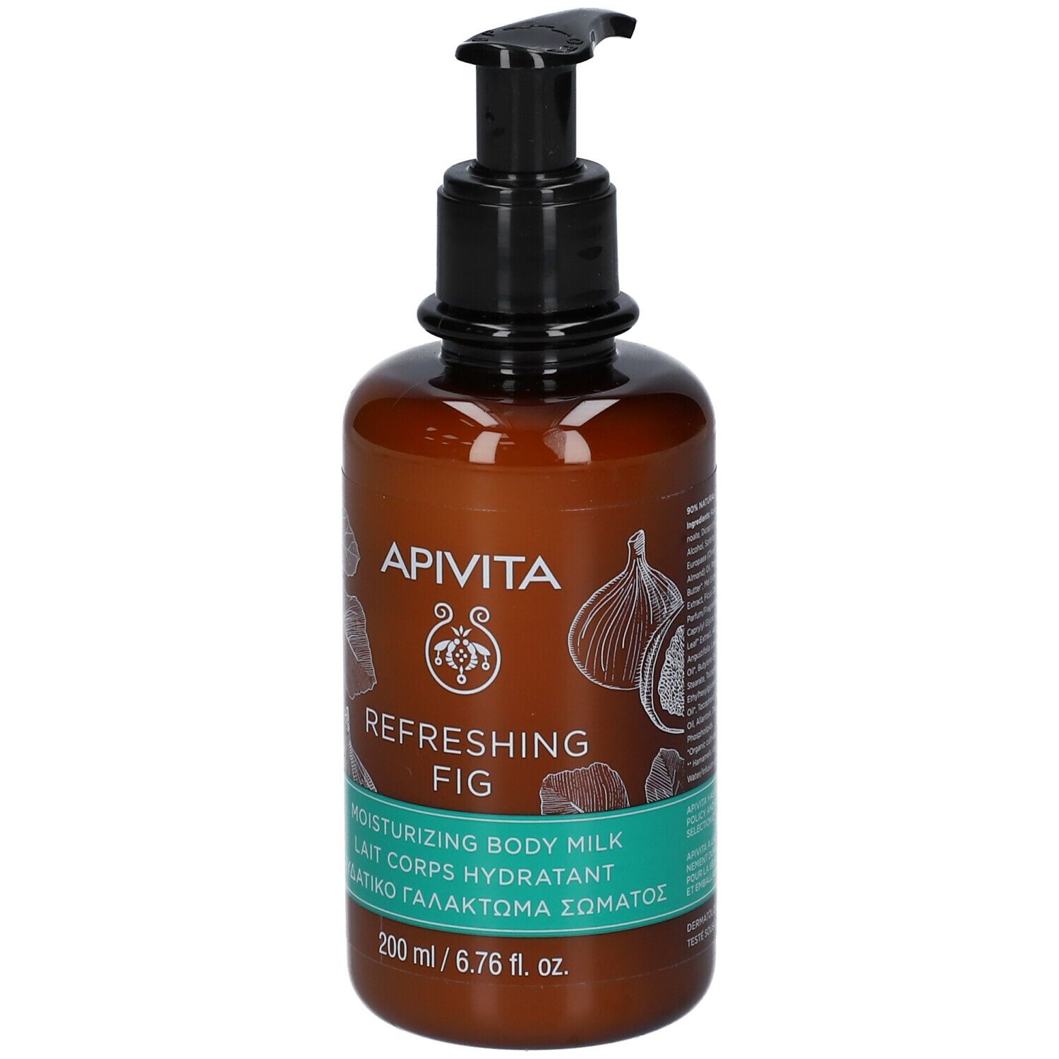 Flacone marrone con dosatore nero. Testo: APIVITA, Refreshing Fig, Moisturizing Body Milk.