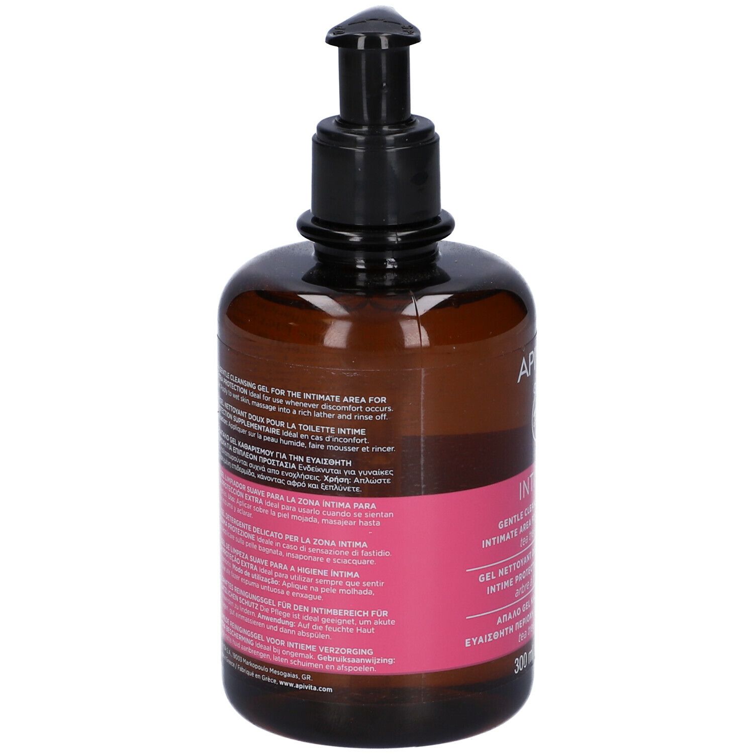 Flacone marrone con dosatore nero. Etichetta rosa con testo. Nome del prodotto non visibile.