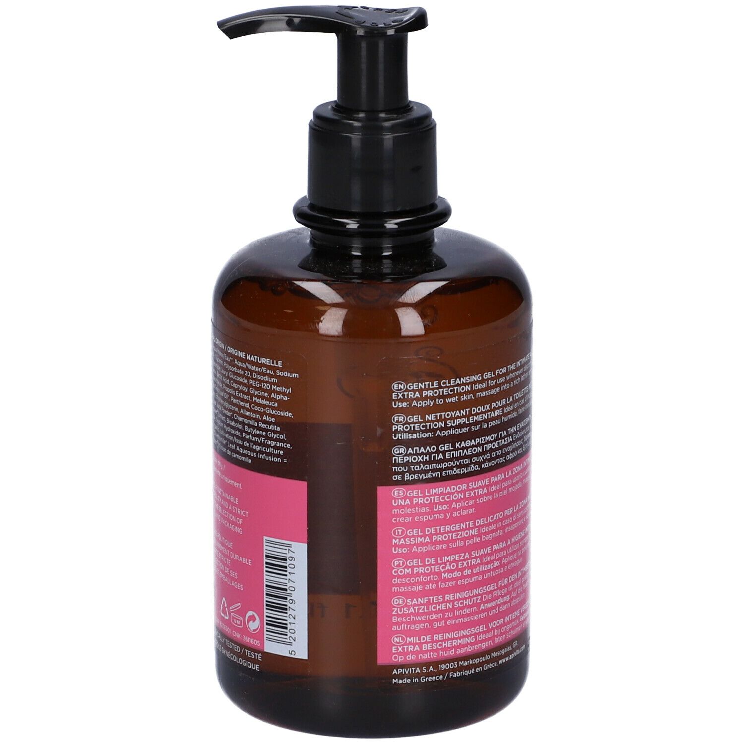 Flacone marrone con dosatore nero. Etichetta rosa con testo. Nome del prodotto non visibile.