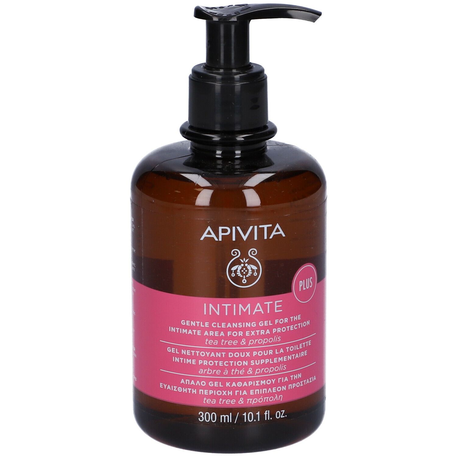 Flacone marrone con dosatore nero. Etichetta rosa con nome prodotto: Intimate. Testo: 300 ml / 10.1 fl. oz.
