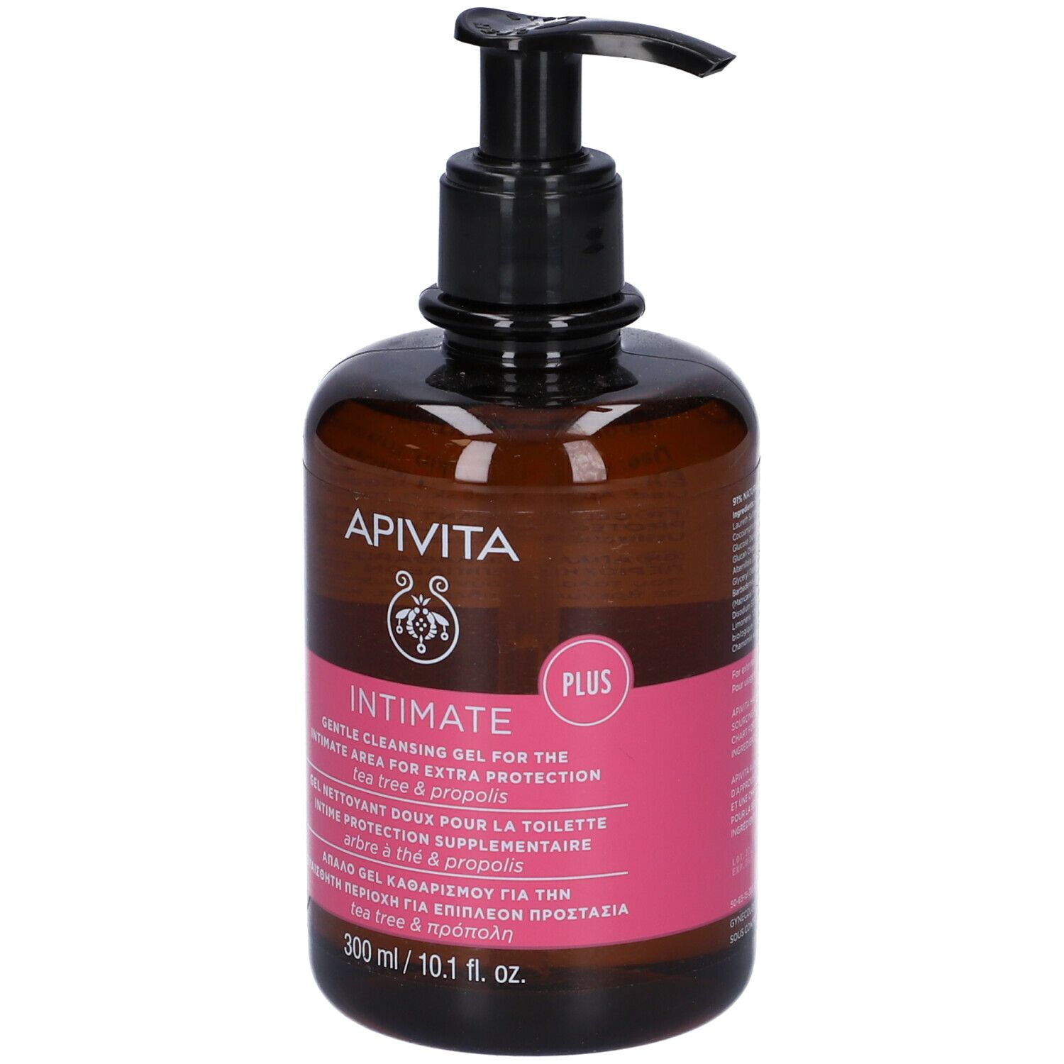 Flacone marrone con dosatore nero. Etichetta rosa con nome prodotto: Intimate. Testo: 300 ml / 10.1 fl. oz.