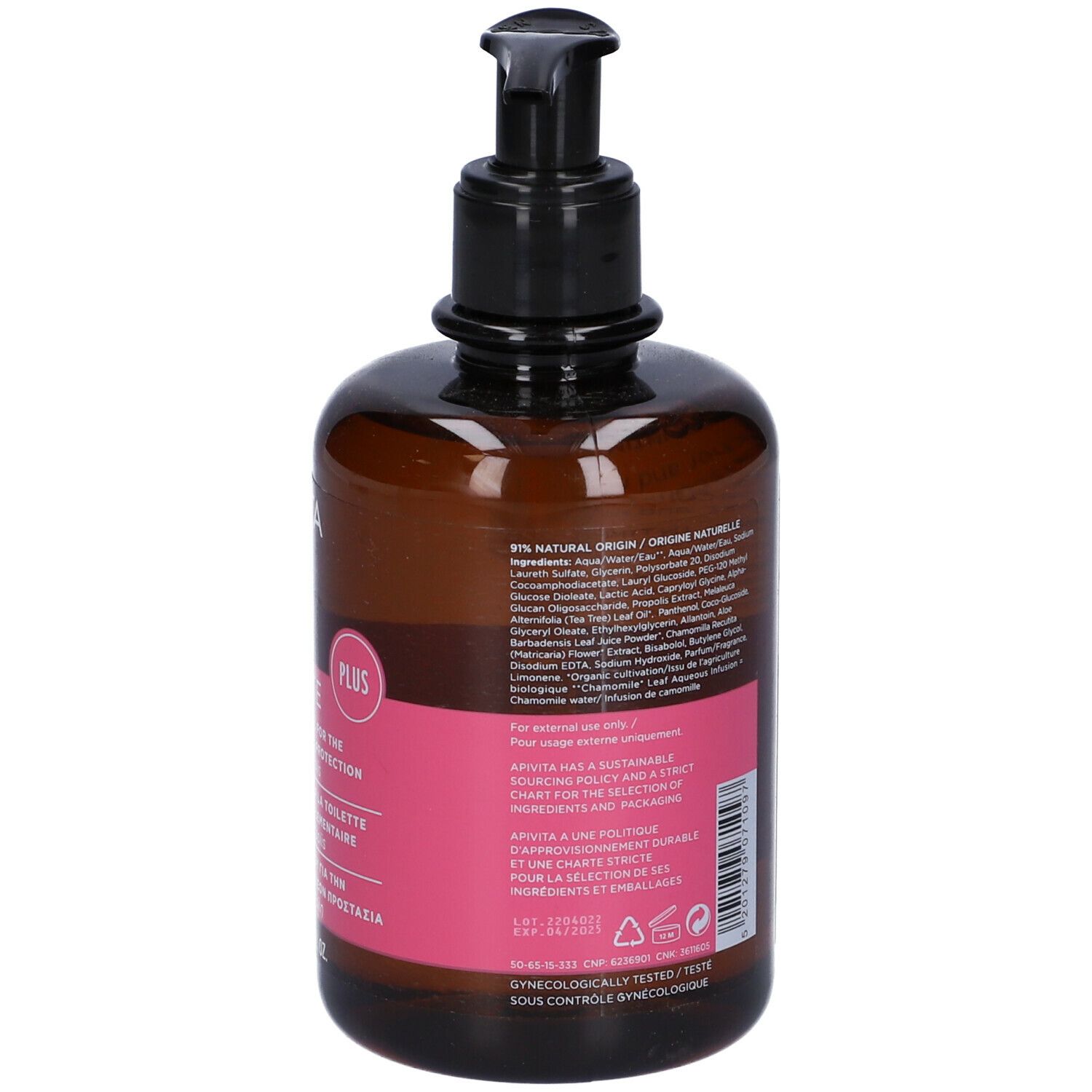 Flacone marrone con dosatore nero. Etichetta rosa con testo. Testo: 97% di origine naturale.