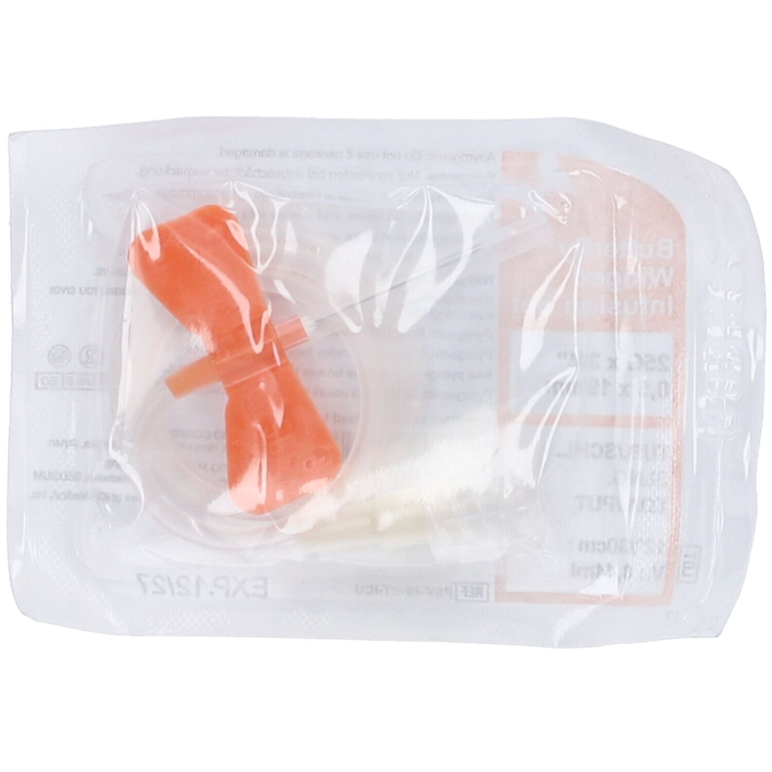 Ago Butterfly Nipro Standard 25G in confezione. Aletta arancione, ago trasparente.