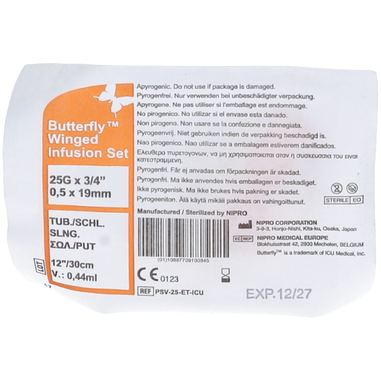 Confezione Ago Butterfly Nipro Standard. Testo: Butterfly Winged Infusion Set, 25G, sterile.