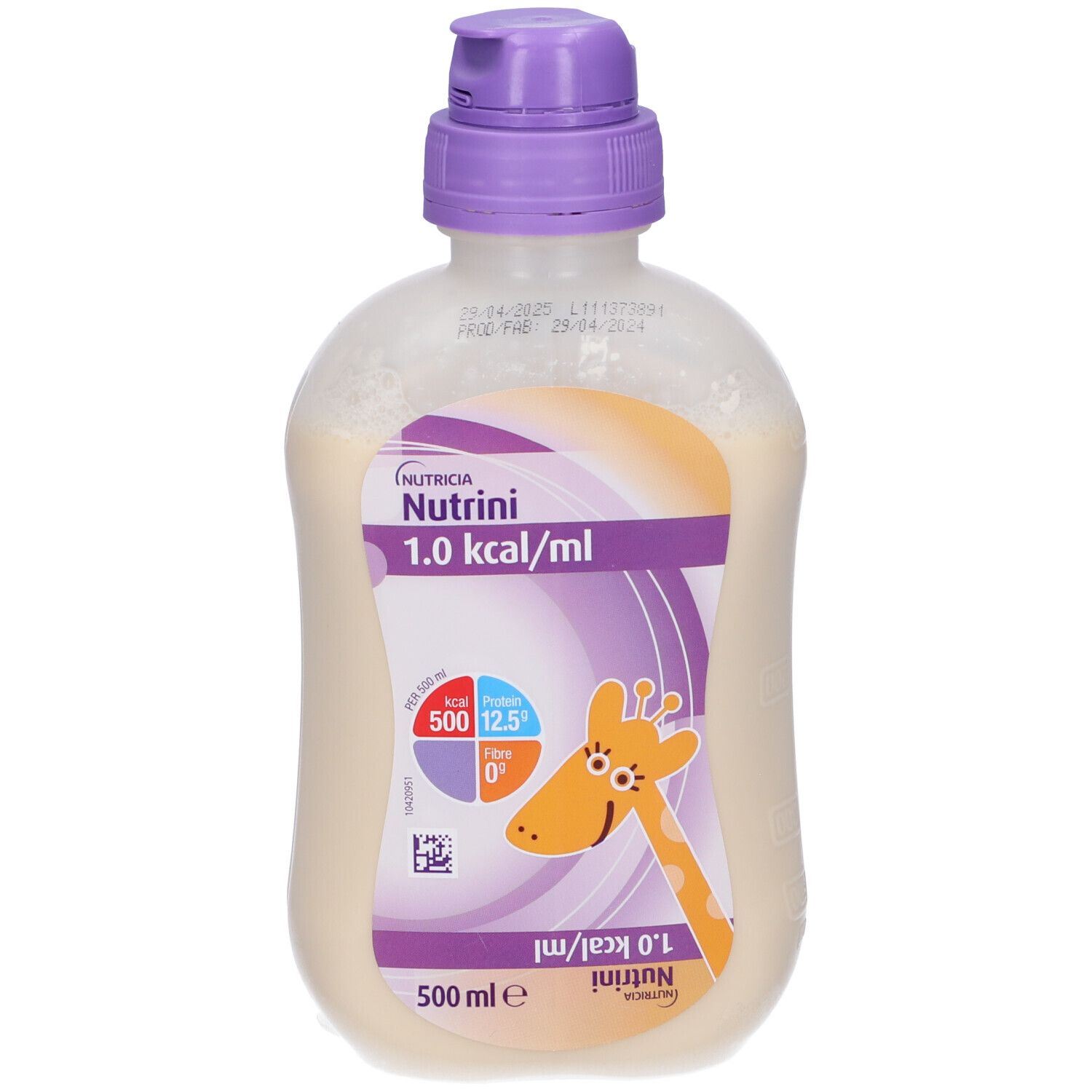 Bottiglia con tappo viola. Etichetta con logo, giraffa e testo: Nutrini 1.0 kcal/ml. 500 ml.