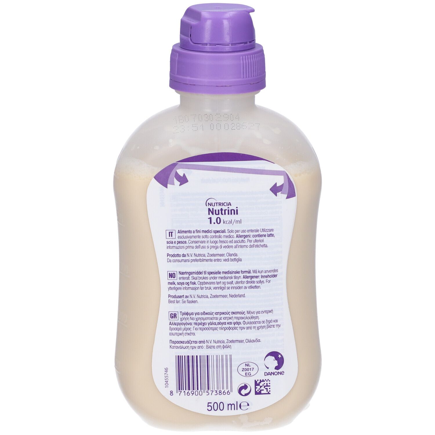 Retro della bottiglia con tappo viola. Etichetta con testo e logo: Nutrini 1.0 kcal/ml. 500 ml.