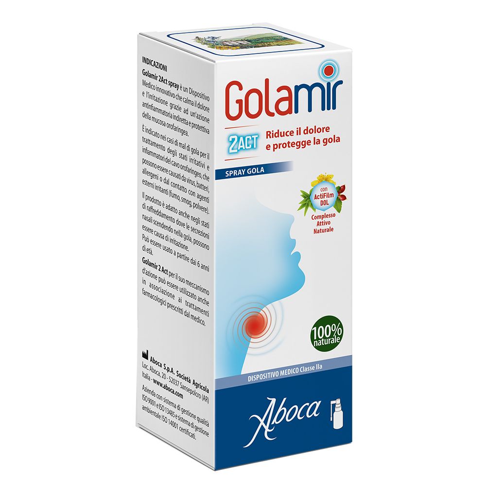 Confezione spray Aboca Golamir 2ACT. Scatola bianca, rossa e blu con nome e descrizione del prodotto. Dispositivo medico.