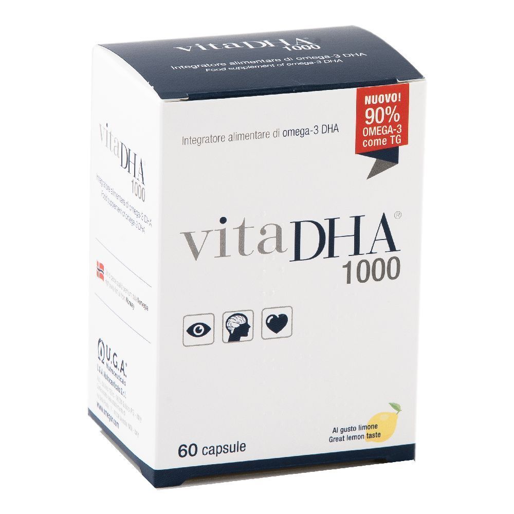 Scatola bianca "vitaDHA 1000" con 60 capsule. Icone: occhio, cervello, cuore. Contiene 90% Omega-3.