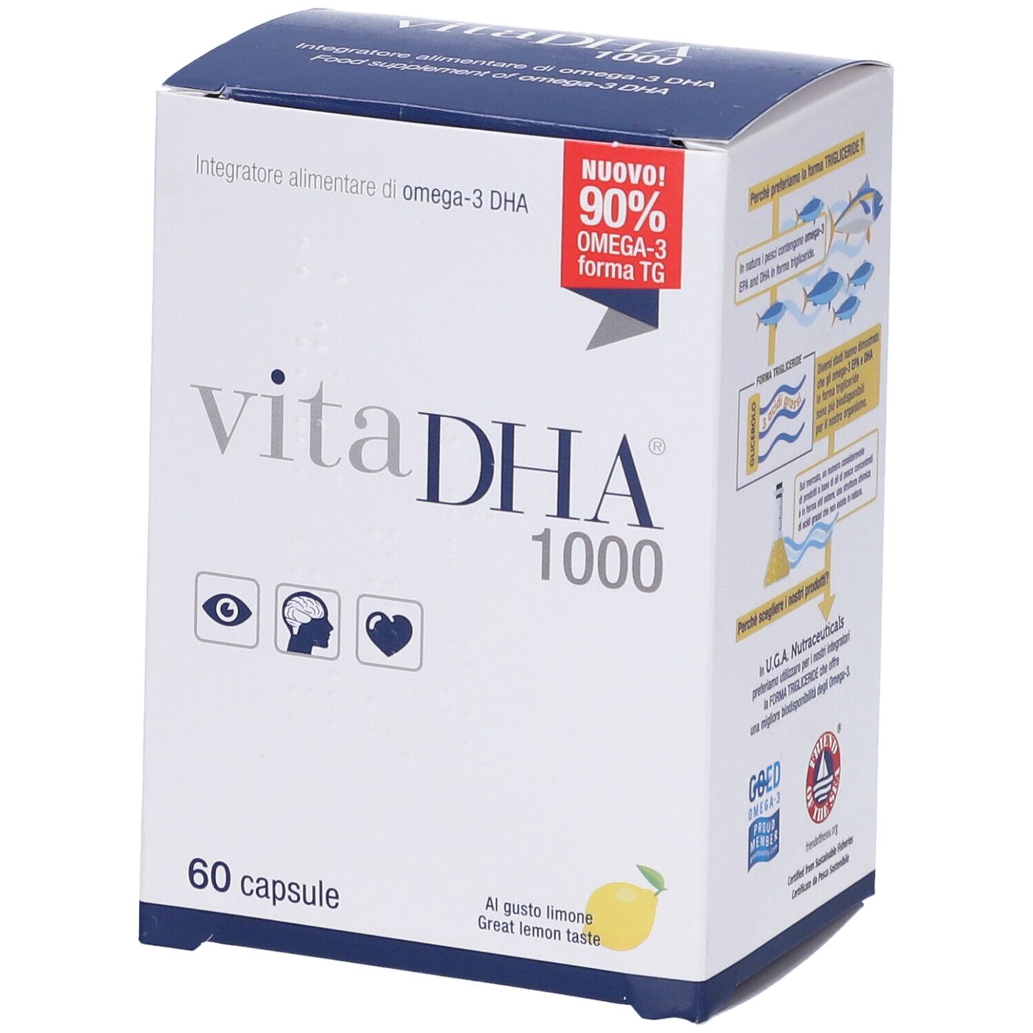 Scatola bianca "vitaDHA 1000" con 60 capsule. Contiene 90% Omega-3. Icone: occhio, cervello, cuore.