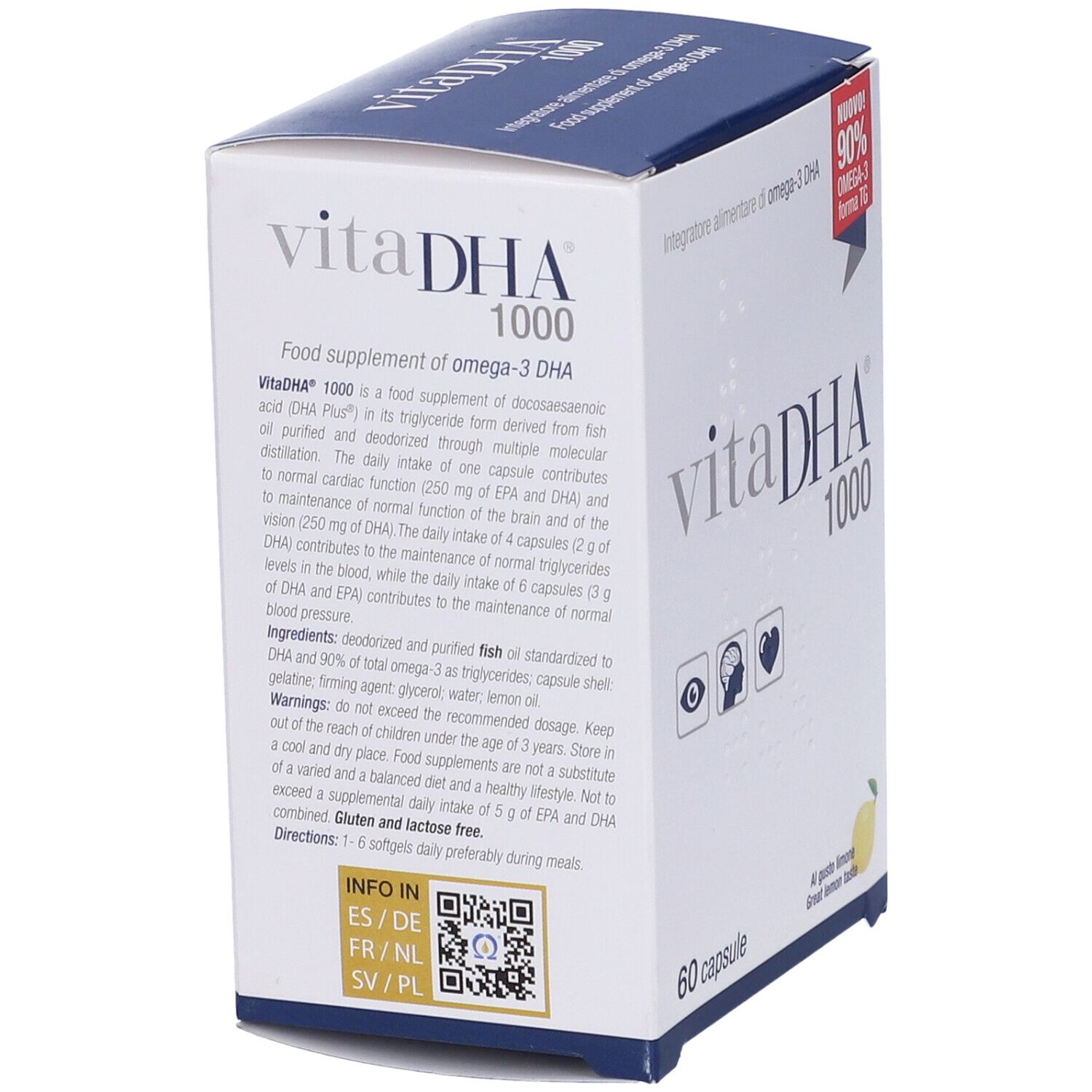 Scatola bianca "vitaDHA 1000" con testo e 60 capsule. Contiene 90% Omega-3. Testo in tedesco, inglese, francese, olandese.