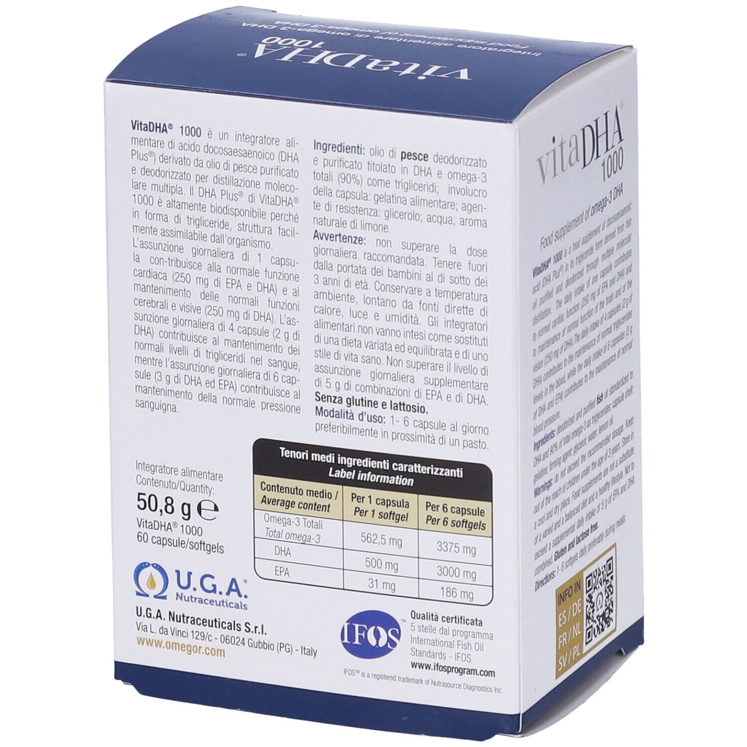 Scatola bianca "vitaDHA 1000" con testo e 60 capsule. Contiene 90% Omega-3. Informazioni nutrizionali e ingredienti.