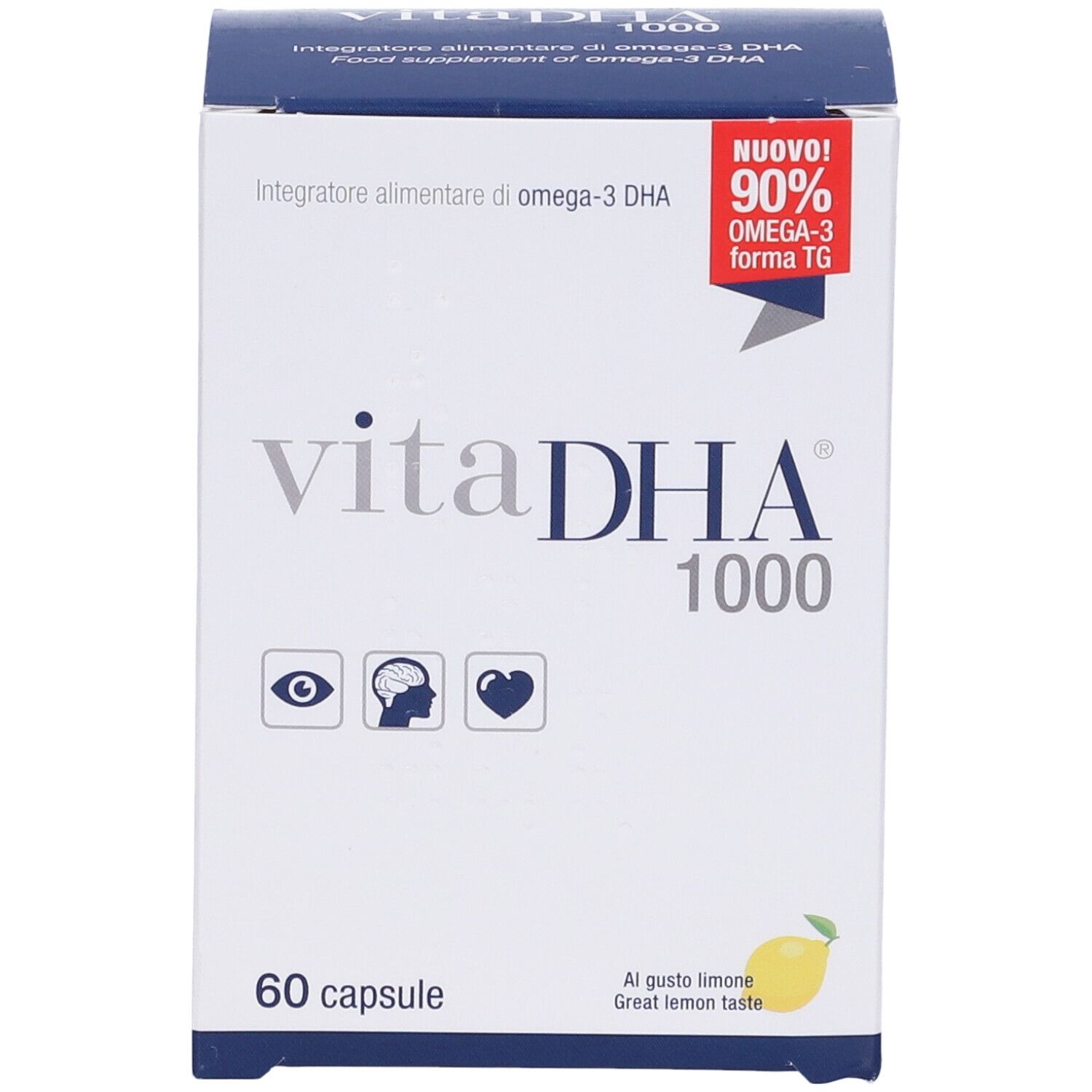 Scatola bianca "vitaDHA 1000" con 60 capsule. Contiene 90% Omega-3. Icone: occhio, cervello, cuore.