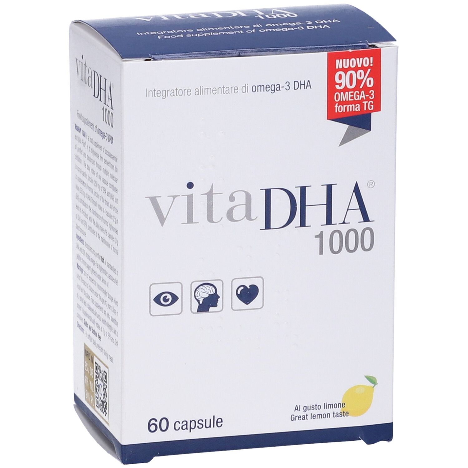 Scatola bianca "vitaDHA 1000" con 60 capsule. Contiene 90% Omega-3. Icone: occhio, cervello, cuore.
