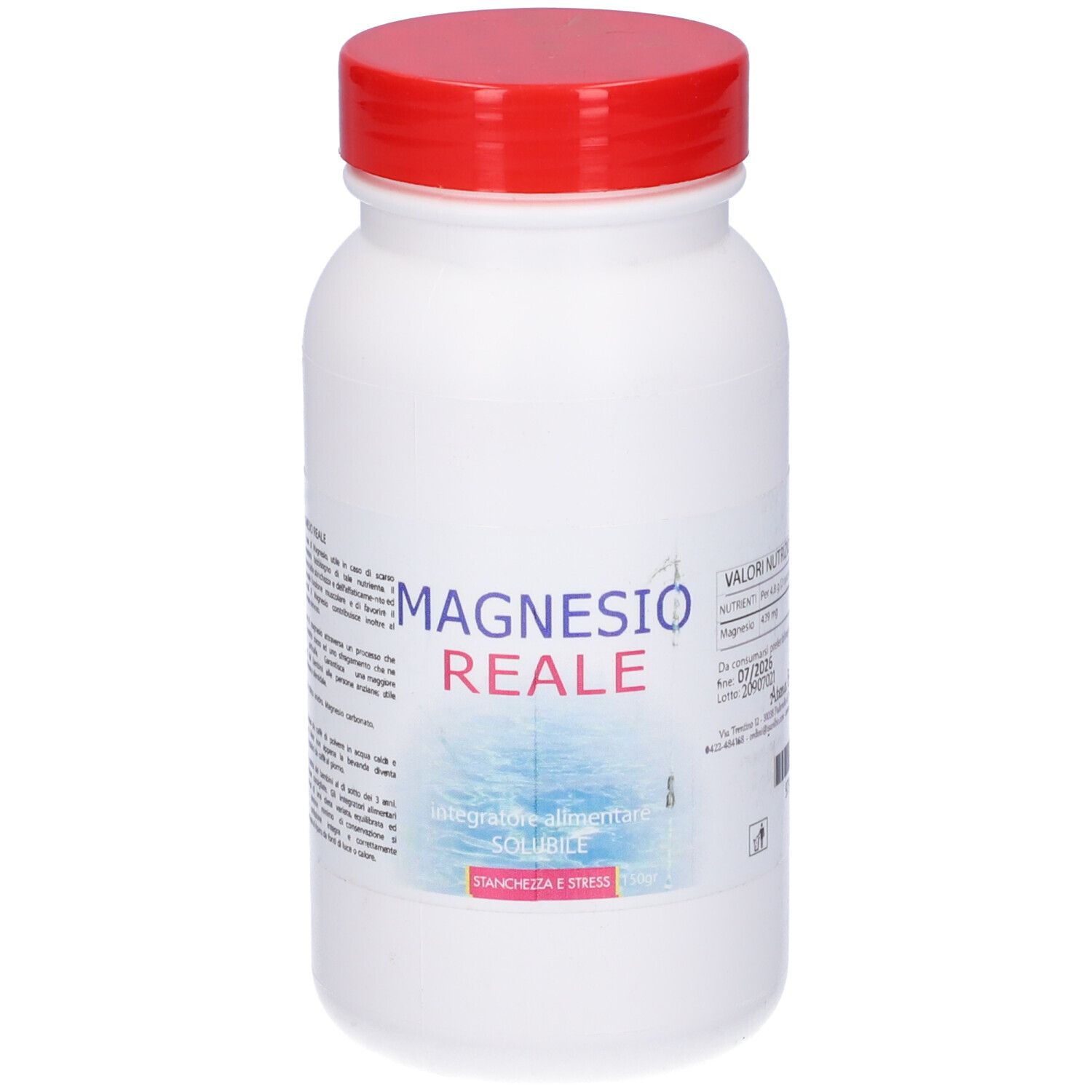 Flacone bianco con tappo rosso. Scritta: Magnesio Reale. Integratore alimentare solubile. Contro stanchezza e stress.