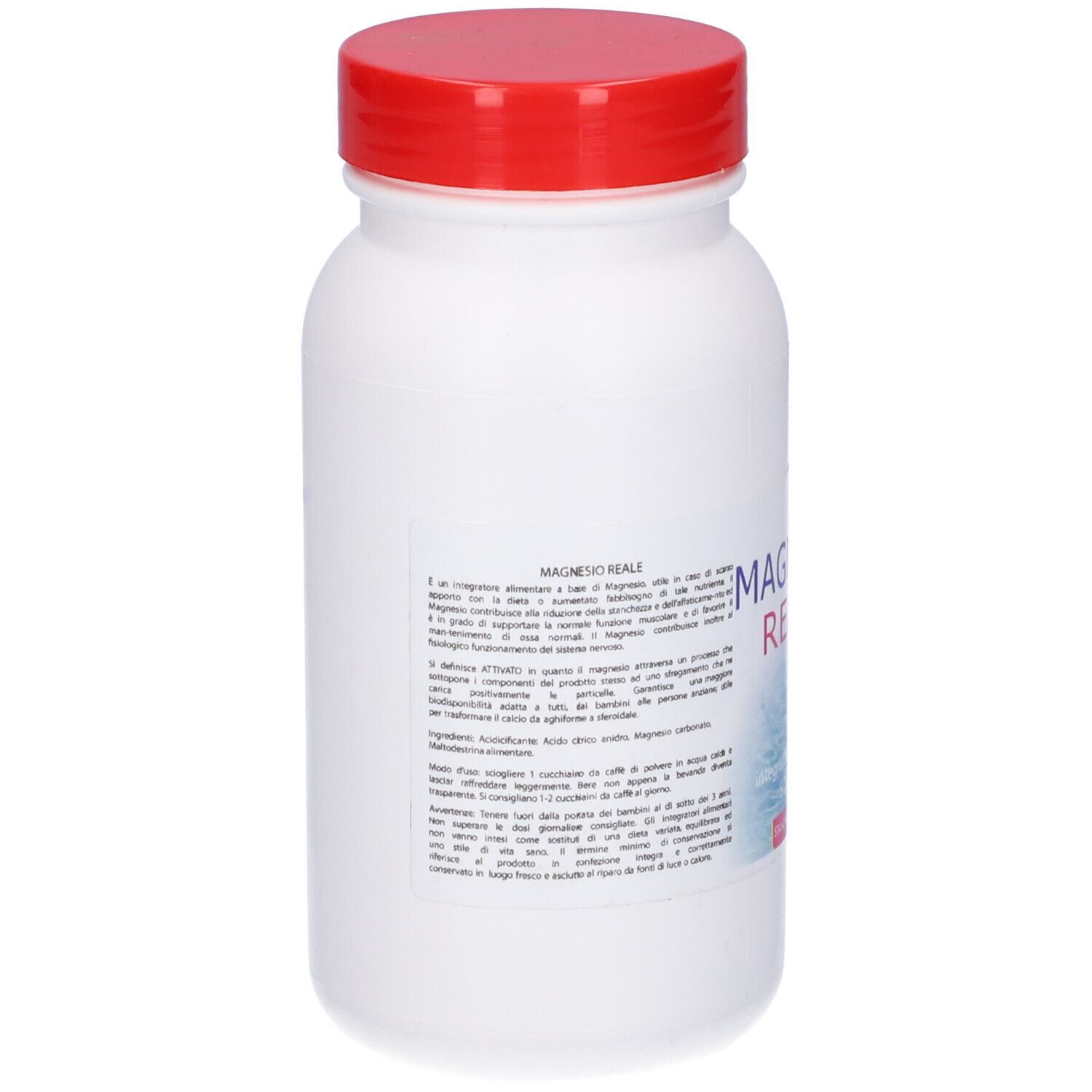 Flacone bianco con tappo rosso. Retro con testo. Informazioni sul prodotto e ingredienti.