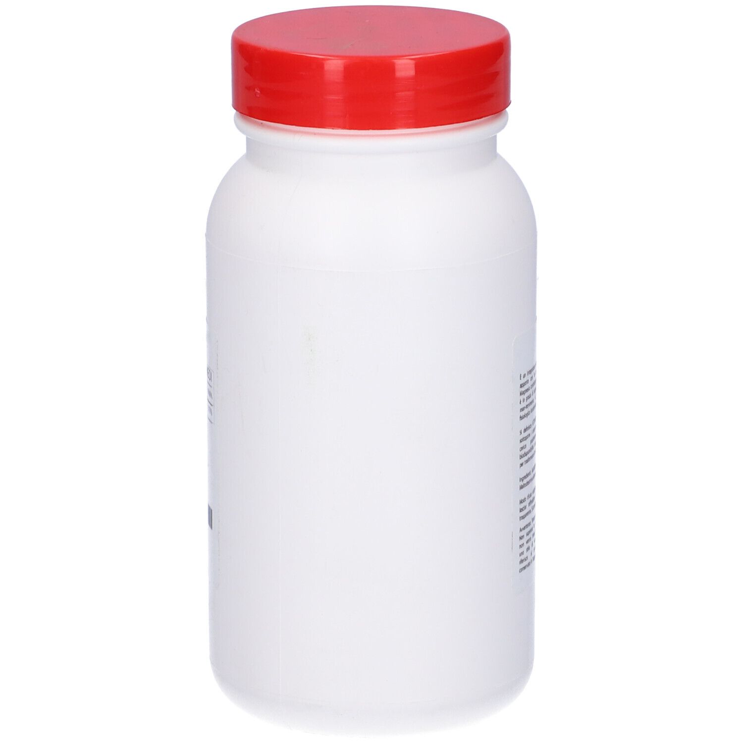 Flacone bianco con tappo rosso. Vista laterale. Etichette con testo.