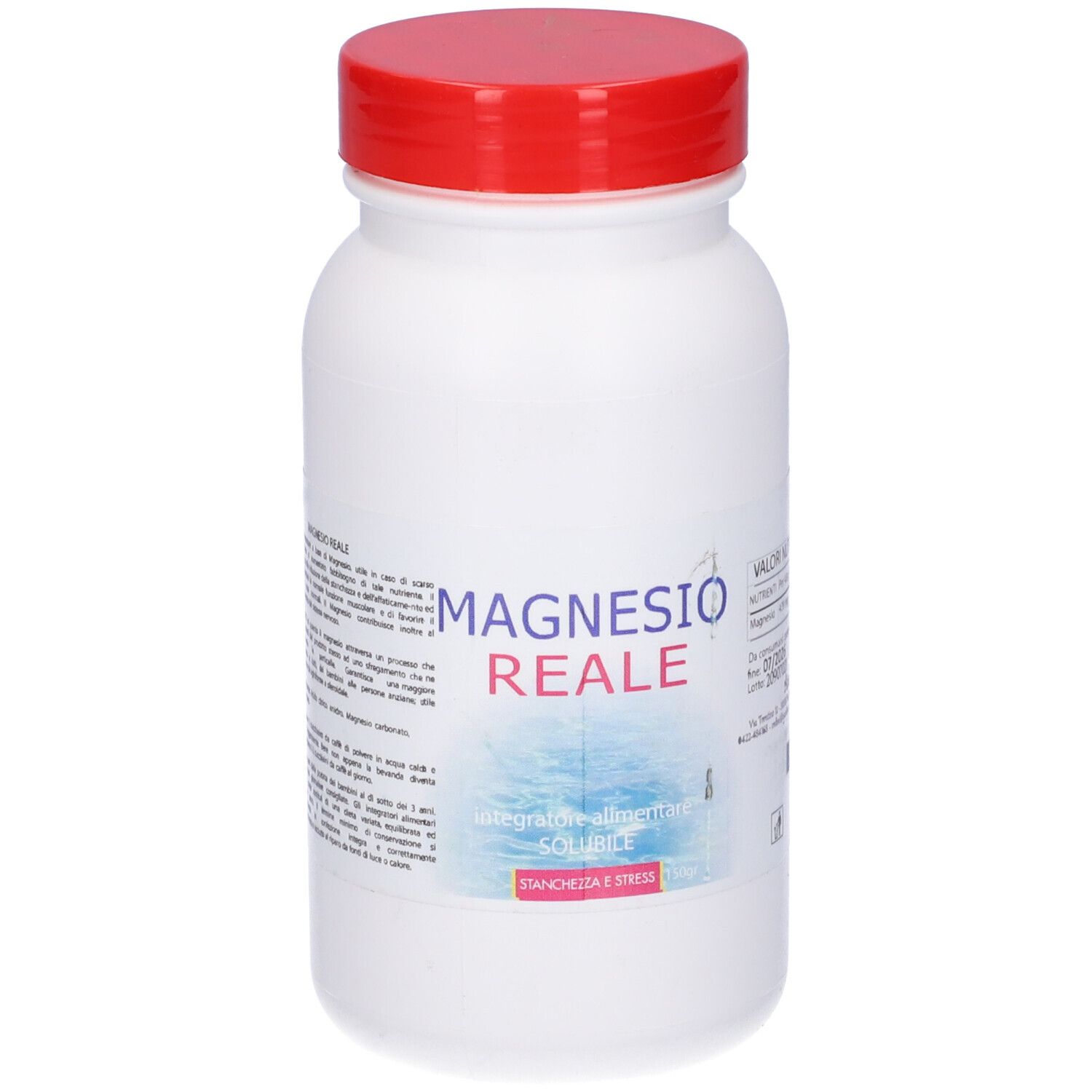 Flacone bianco con tappo rosso. Scritta: Magnesio Reale. Integratore alimentare solubile. Contro stanchezza e stress.