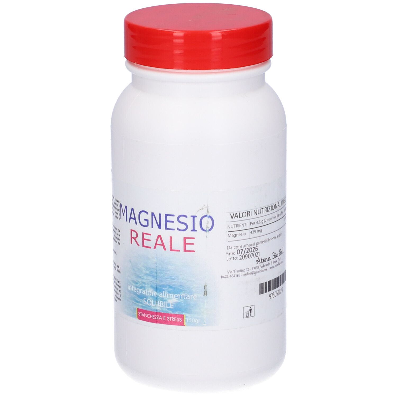 Flacone bianco con tappo rosso. Scritta: Magnesio Reale. Valori nutrizionali. Scadenza: 07/2026.