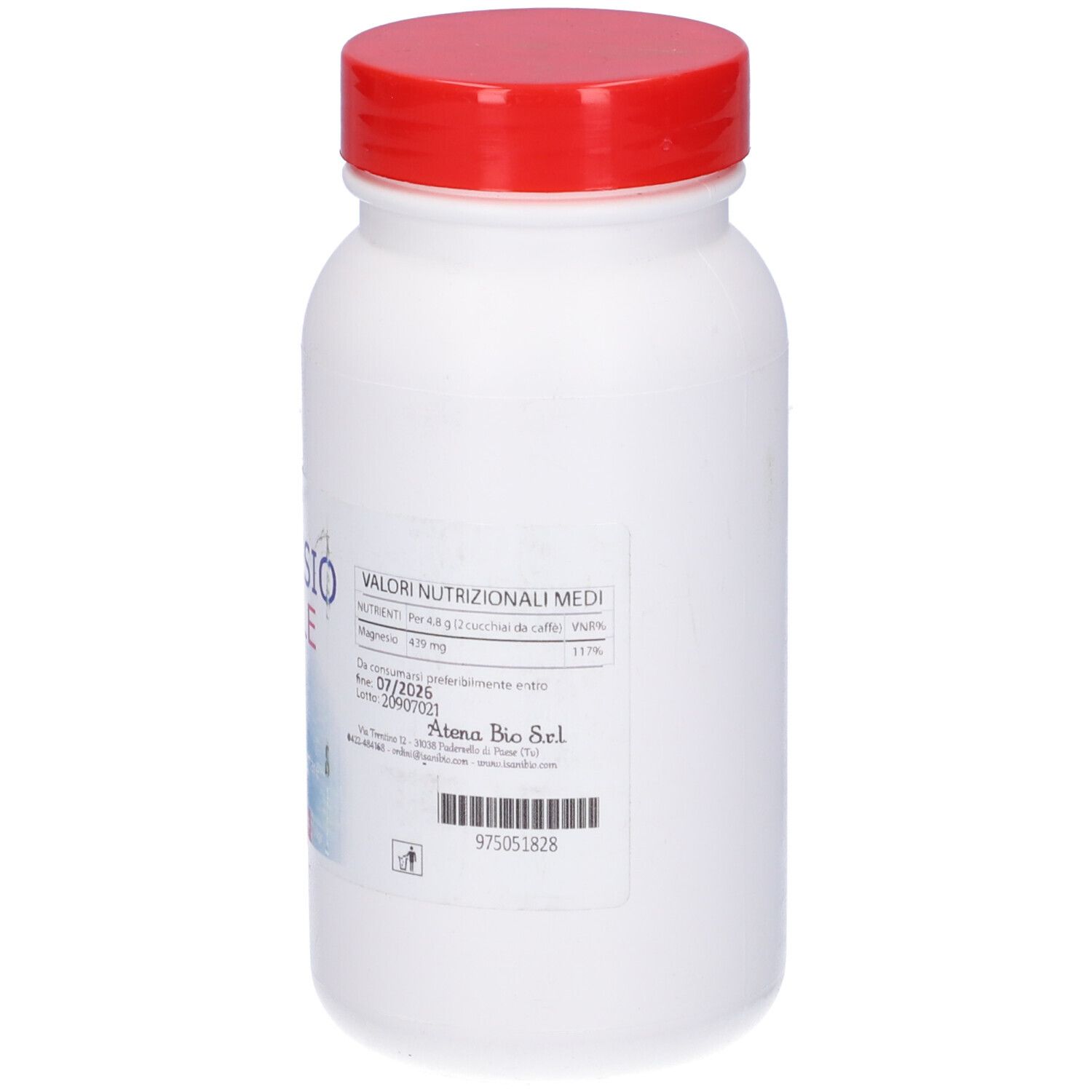 Flacone bianco con tappo rosso. Valori nutrizionali. Scadenza: 07/2026. Codice a barre e informazioni produttore.