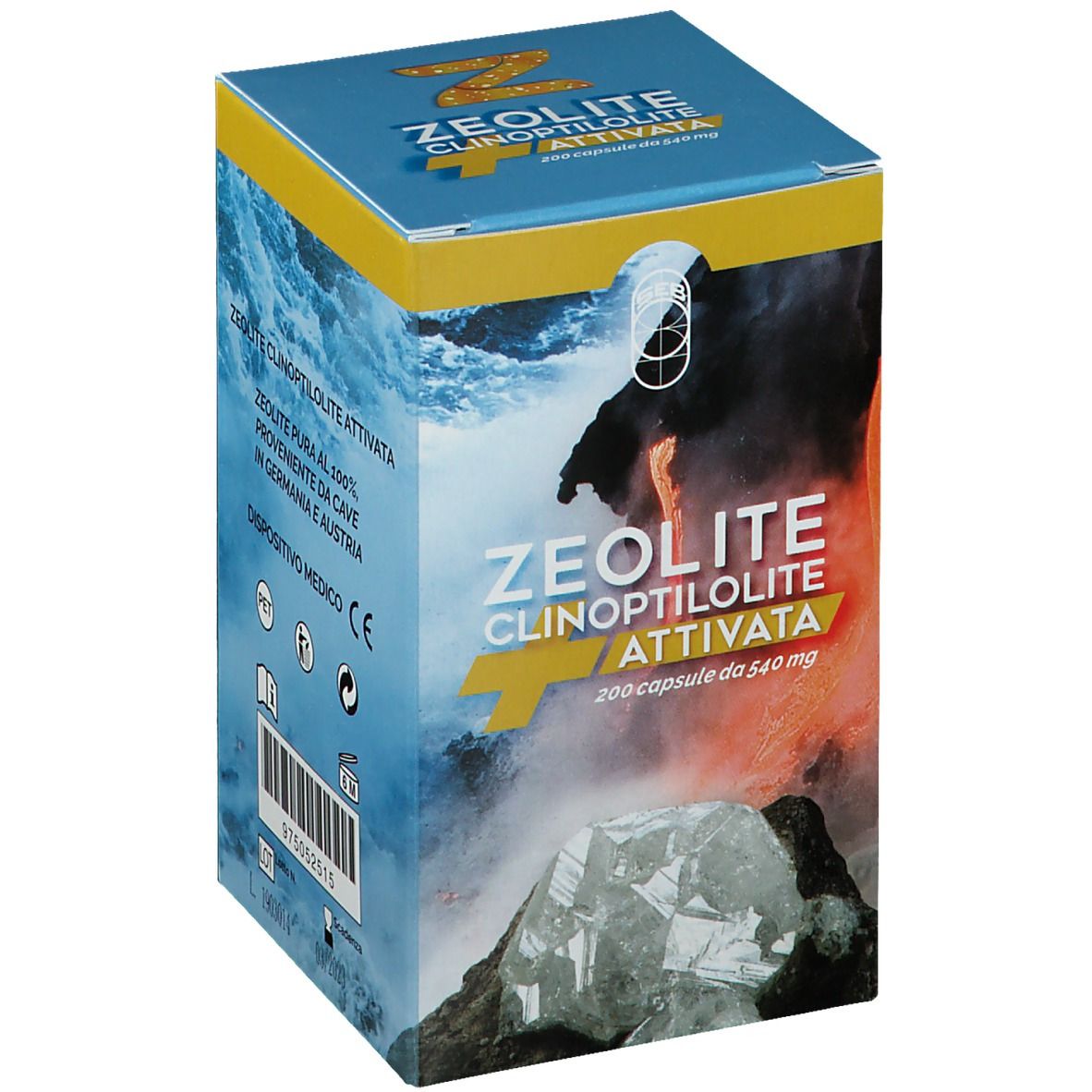 Scatola di Zeolite Clinoptilolite Attivata. 200 capsule da 540 mg. Sfondo blu con cascata e rocce.