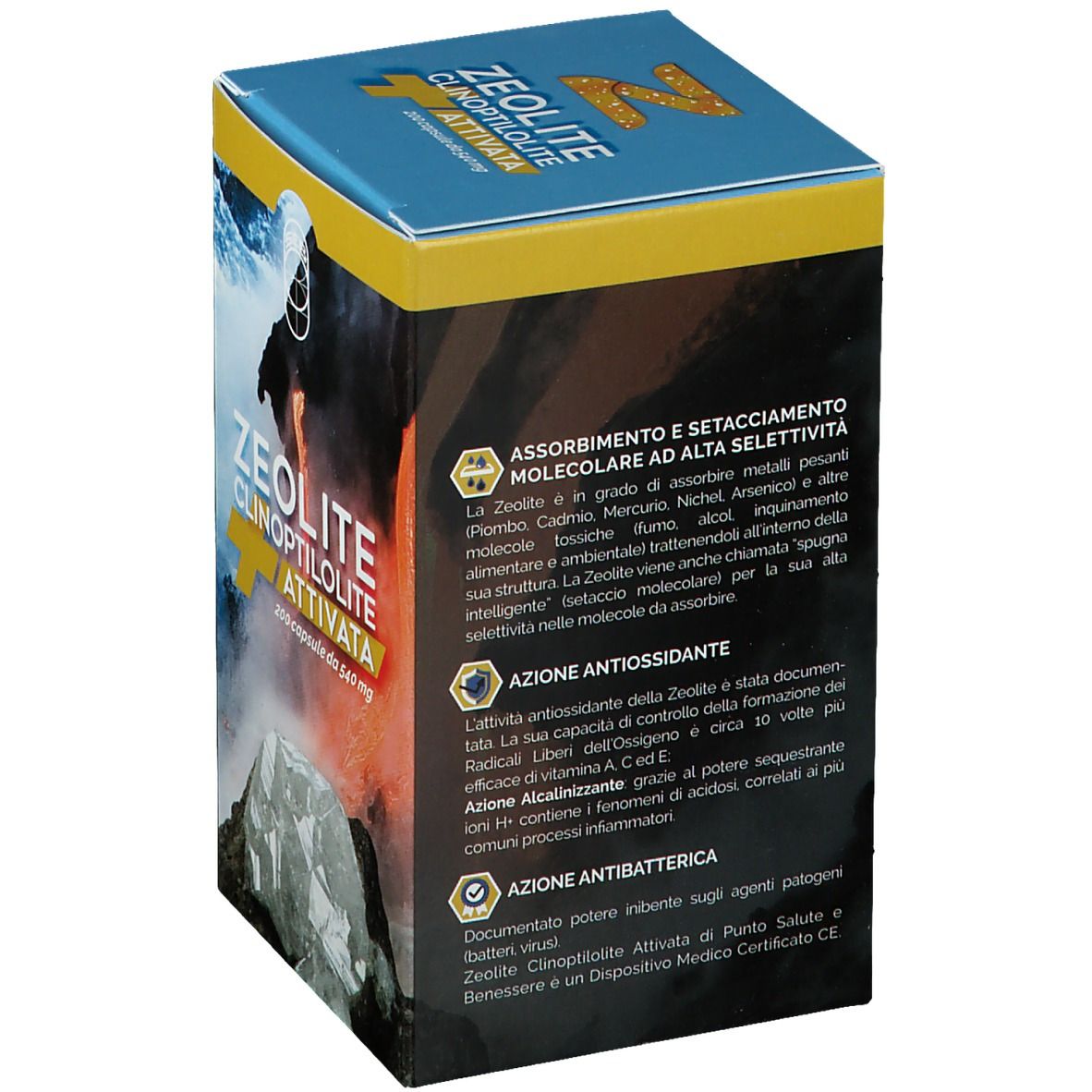 Scatola di Zeolite Clinoptilolite Attivata. Testo sull'assorbimento molecolare e l'azione antiossidante.