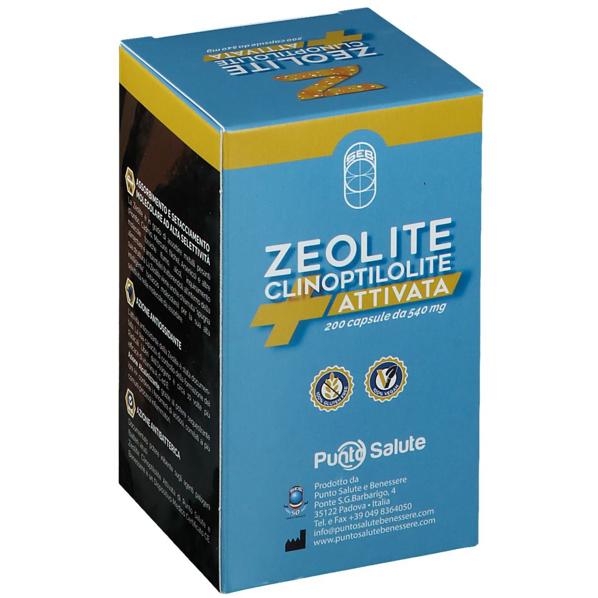 Scatola di Zeolite Clinoptilolite Attivata. Logo Punto Salute e Benessere. 200 capsule.