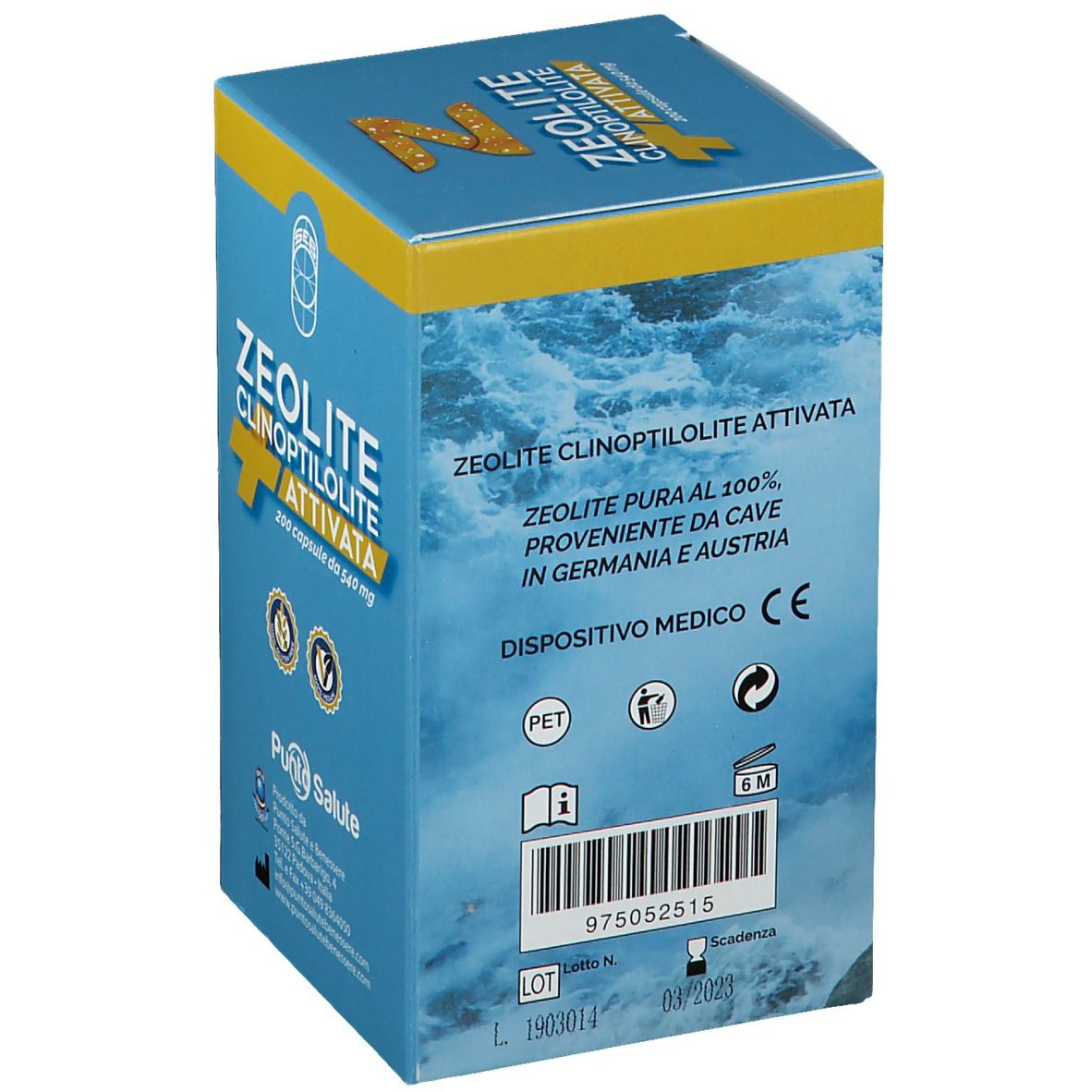 Scatola di Zeolite Clinoptilolite Attivata. Testo: Zeolite pura al 100%. Dispositivo medico CE.