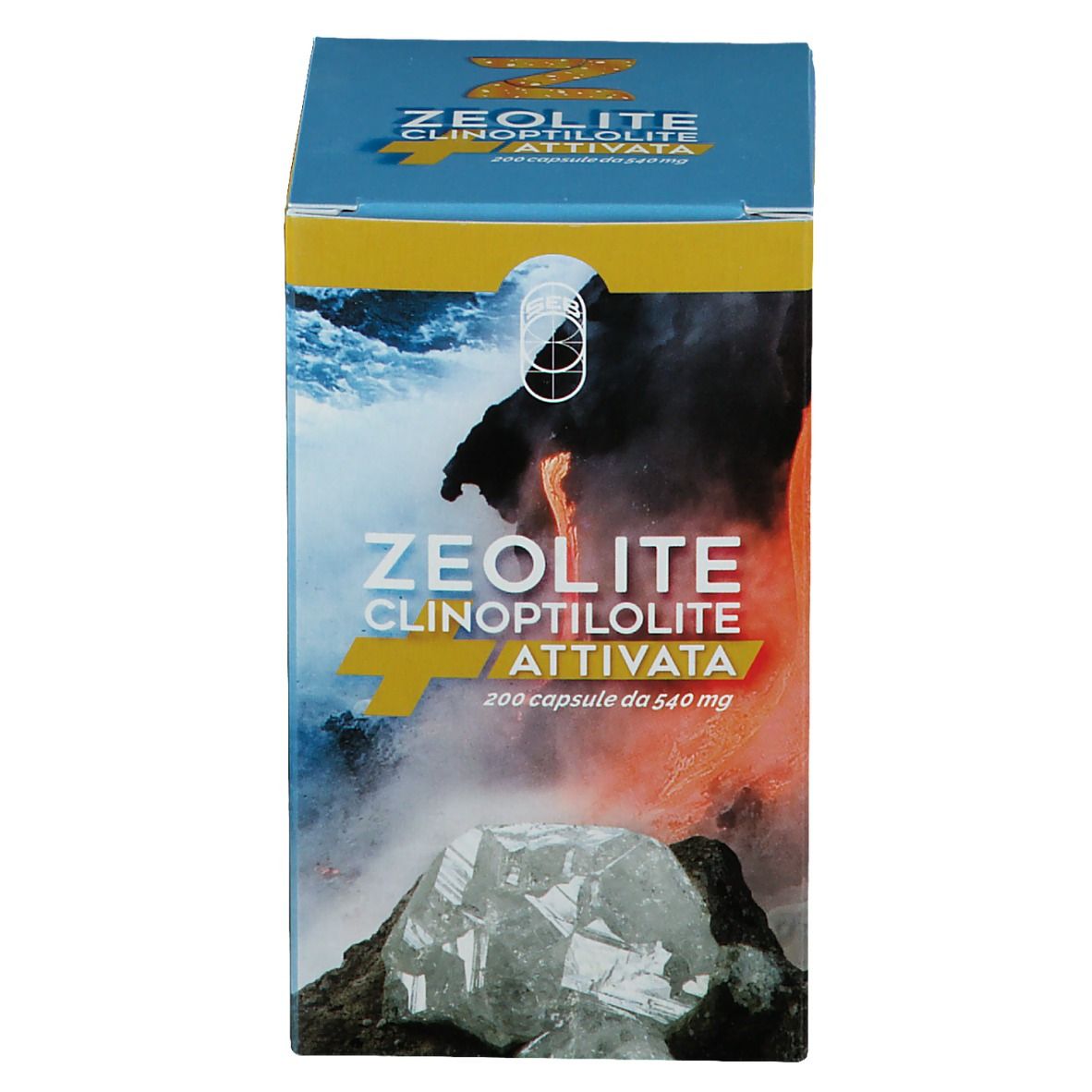 Scatola di Zeolite Clinoptilolite Attivata. 200 capsule da 540 mg. Sfondo blu con cascata.