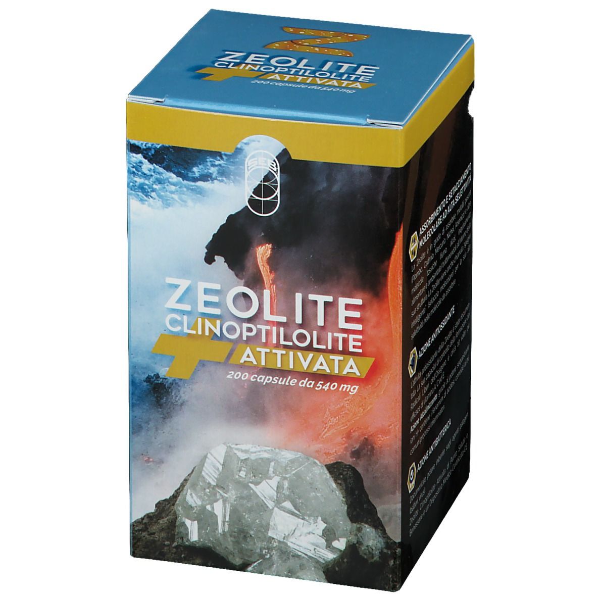 Scatola di Zeolite Clinoptilolite Attivata. 200 capsule, 540 mg. Sfondo blu con cascata e testo.