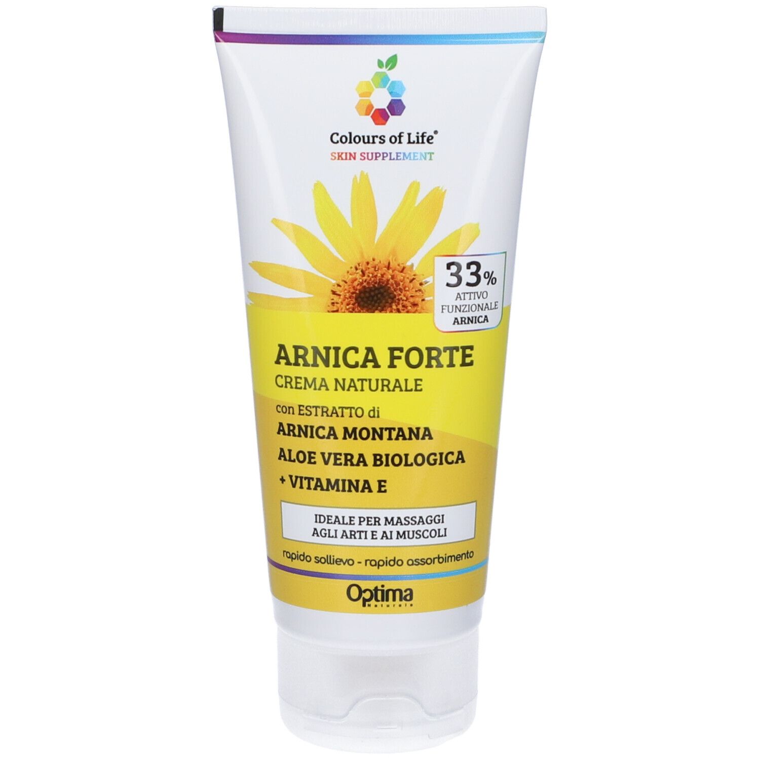 Tubo di crema giallo. Scritta: Arnica Forte, 33% ingrediente attivo. Marchio: Colours of Life.