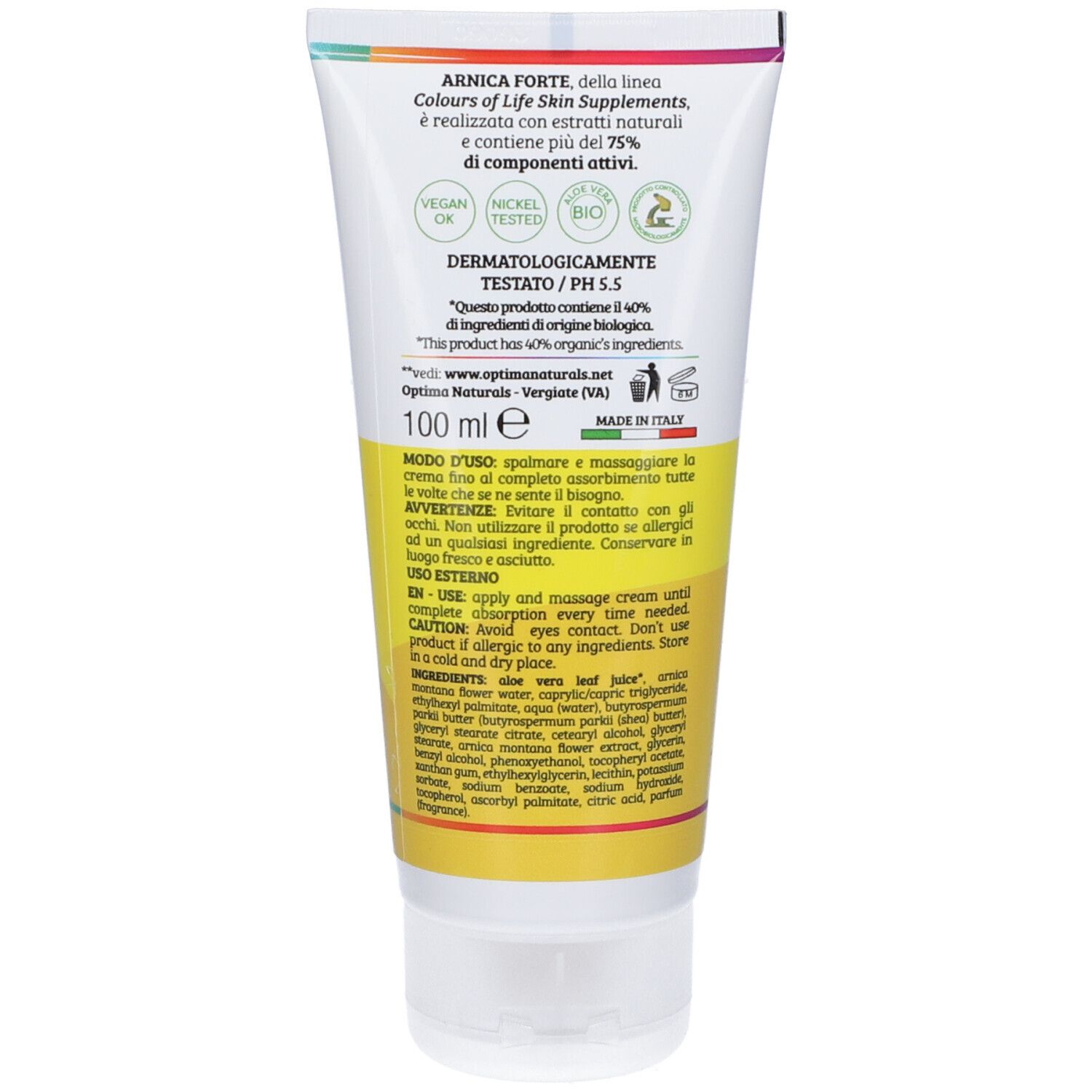 Retro del tubo. Scritta: Arnica Forte, ingredienti, dermatologicamente testato. Marchio: Colours of Life.