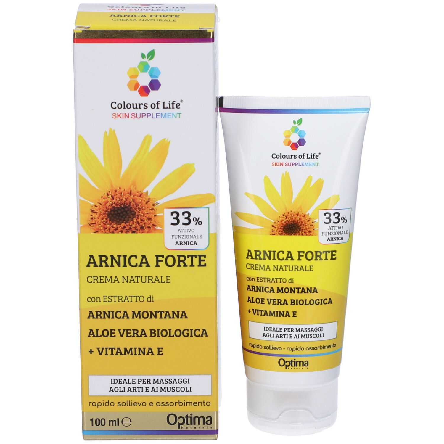 Confezione prodotto con tubo e scatola. Scritta: Arnica Forte, 33% ingrediente attivo. Marchio: Colours of Life.